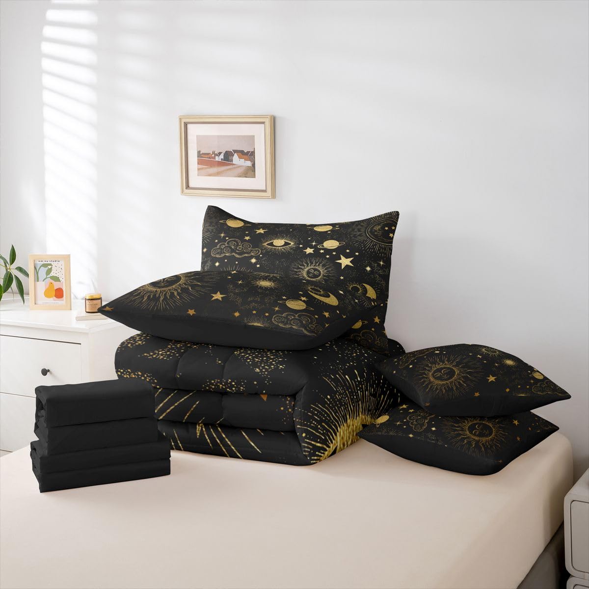 Erosebridal Sun and Moon Queen Comforter Set with Sheets | Starry Sky Series Stars 7-Piece Bedding Set Bohemian Bed in a Bag, Gold Sun Face Pattern Galaxy Cosmic Planets Bed Sets