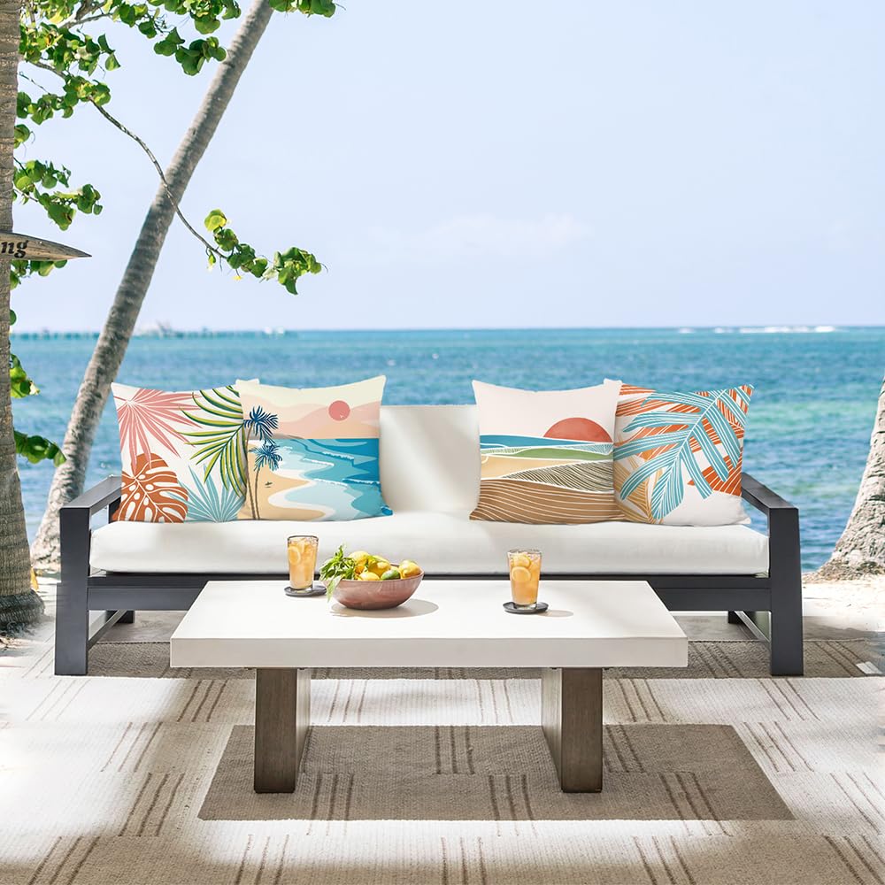 Bonhause Modern Tropical Summer Pillow Covers 18x18 Inch Set of 4 Palm Leaves Beach Decorative Pillows Case Soft Velvet Tropical Outdoor Decoration for Patio Garden Bed Home Decor