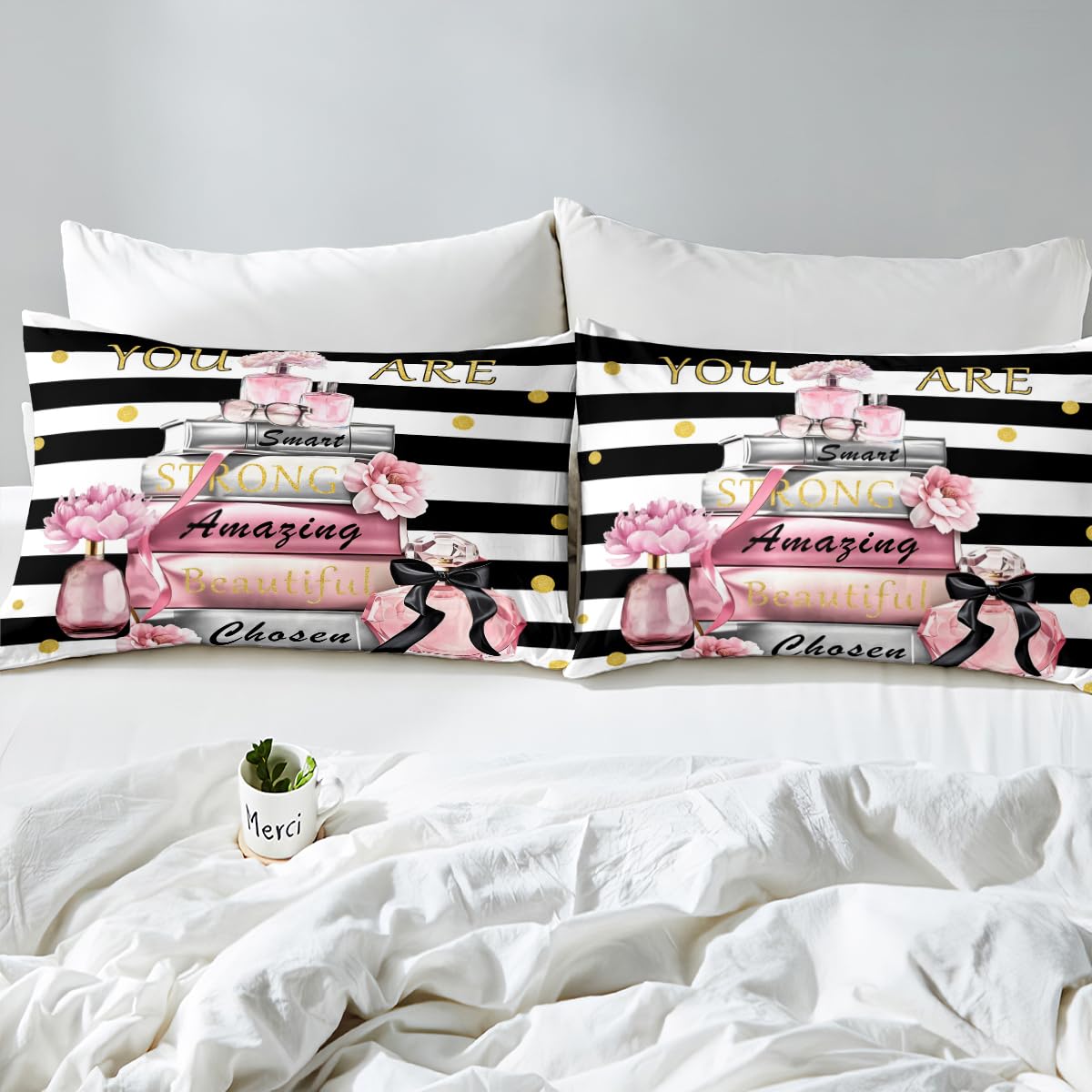 Erosebridal Black and Pink Bed Sheets King Size Girly Inspirational Cute Sheet Set for Girls Women You are Black and White Striped Modern Sheets Books Perfume Fashion Girls Flower Bedding Set