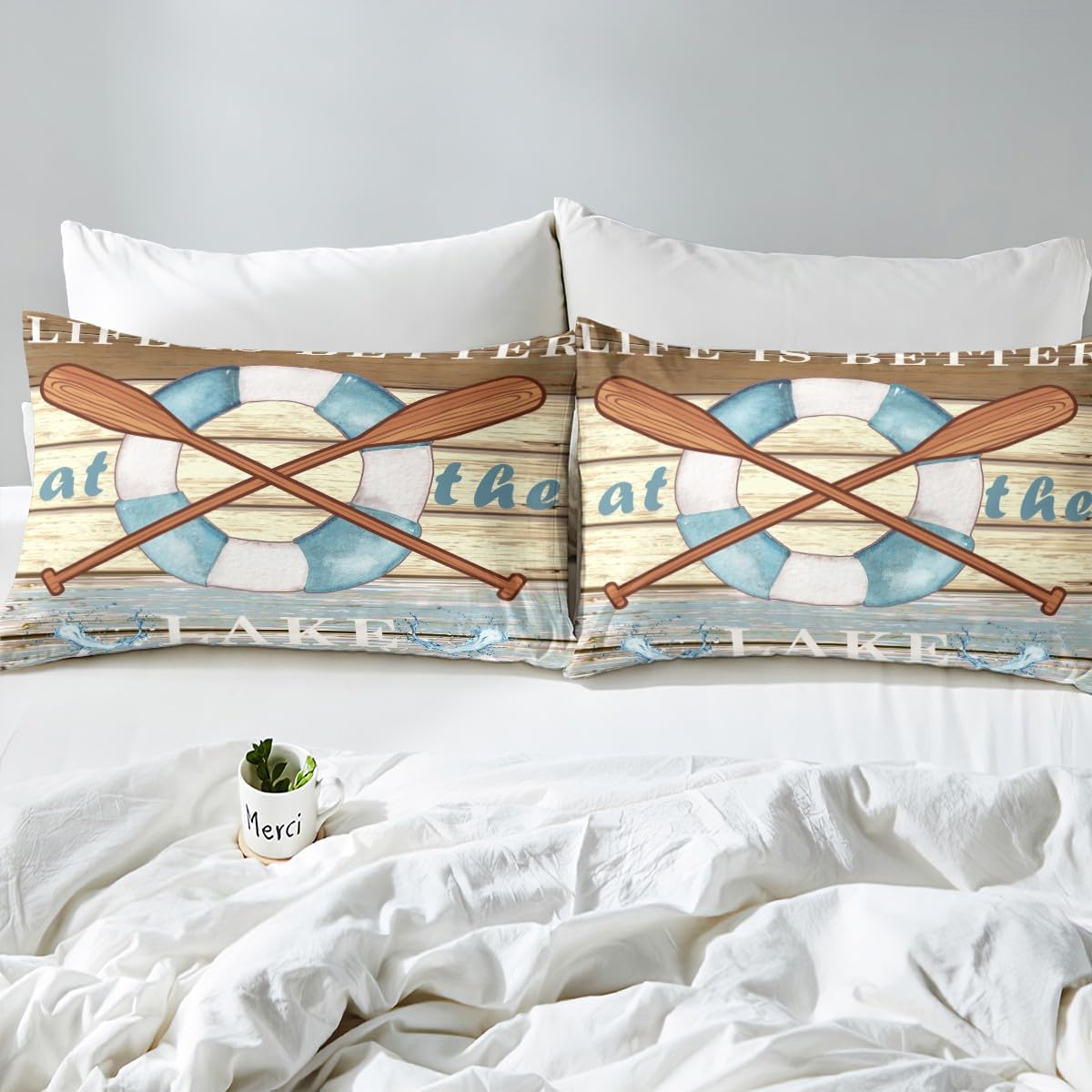 Lake House Fishing Kids Fitted Sheet Twin Size,Adventure Camping Boating Nature Bedding Set,Boys Girls Room Decor,Woode Plank Rustic Retro Bed Cover,Blue Beige Bed Sheet,1 Pillowcase(No Top Sheet)