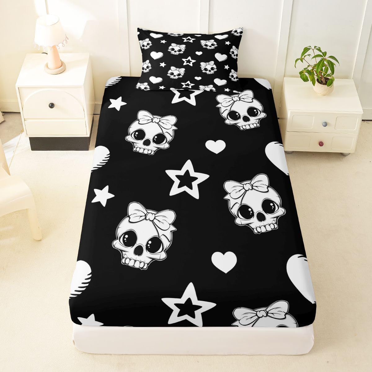 Castle Fairy Cute Skull Bed Sheets Twin Size,Star Love Bowknot Pattern Easy Wash Bedding Set,Cartoon Halloween Skeleton Kids Room Decor,Black and White Sheet(Fitted+Flat+1 Pillowcase)