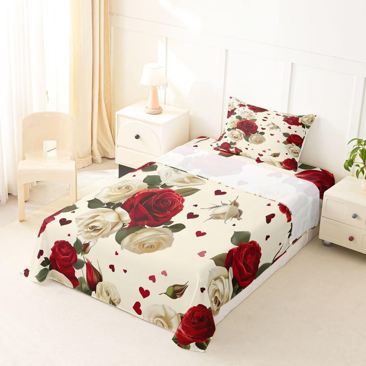 Erosebridal Red White Rose Bed Sheets Set Twin Farmhouse Floral Leaf Sheet Set Vintage Luxury Roses Sheets Romantic Flowers Flat Fitted Sheet