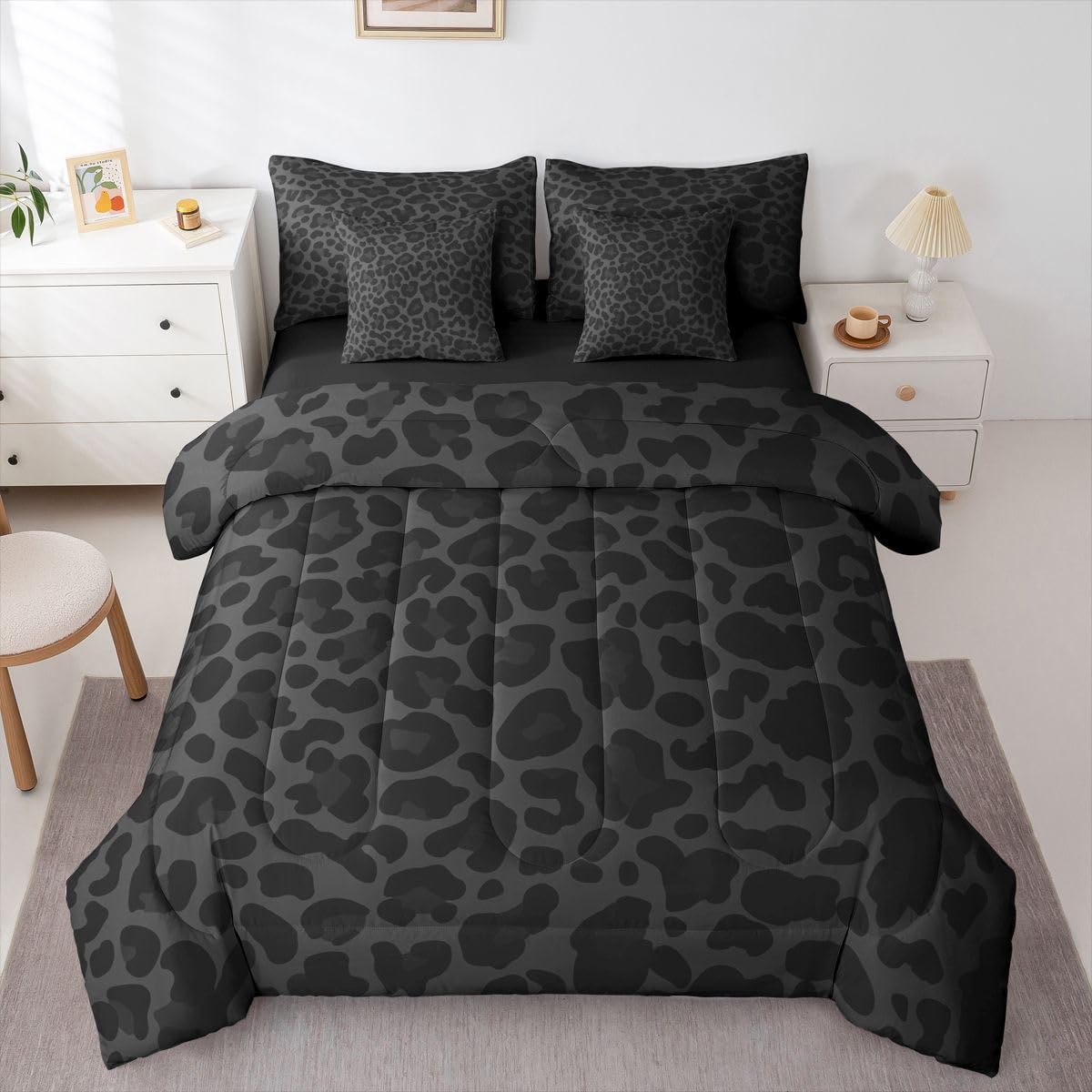 Erosebridal Leopard Print Comforter Set King for Boys Western Cheetah Bedding Set 7 Piece Black Grey African Wildlife Bed in A Bag for Kids Teens Youth Women Room Modern Animal Skin Texture Sheets