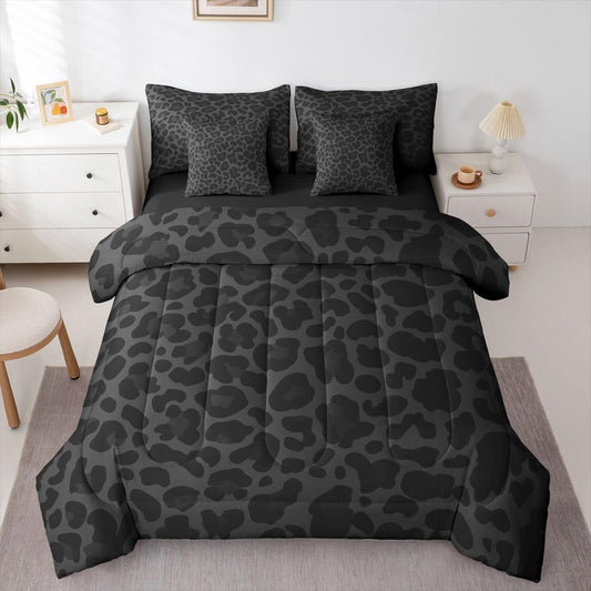 Erosebridal Leopard Print Comforter Set King for Boys Western Cheetah Bedding Set 7 Piece Black Grey African Wildlife Bed in A Bag for Kids Teens Youth Women Room Modern Animal Skin Texture Sheets