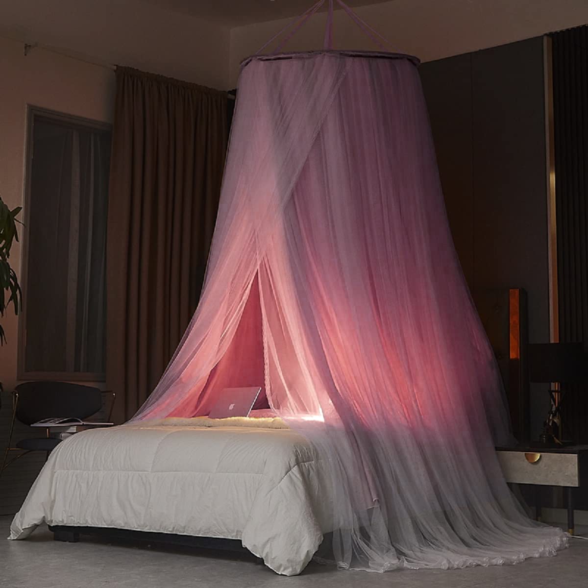 Kertnic Luxurious Bed Canopy for Girls & Adults - Double Layer Princess Canopy with Lace, Round Dome Mosquito Netting for Queen/King Bed Tent (Purple)