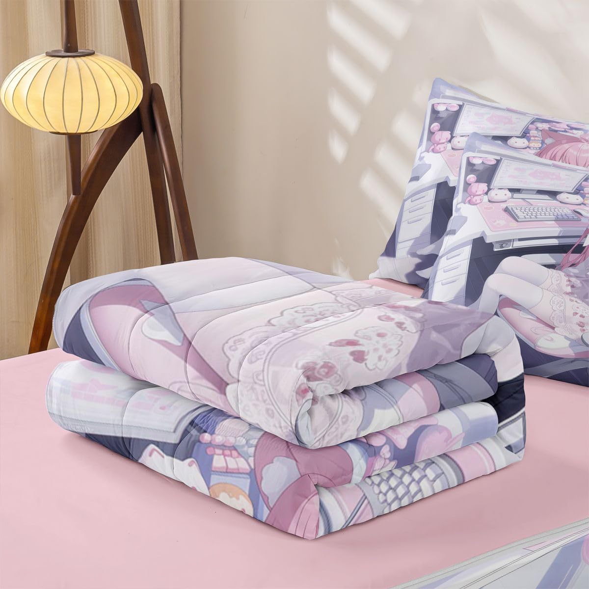 Erosebridal Kawaii E-Sports Girl Kids Comforter Set with Zipper, 3D Japanese Girl Twin Size Zipper Bedding Set, Girly Gaming Bed-in-A-Bag