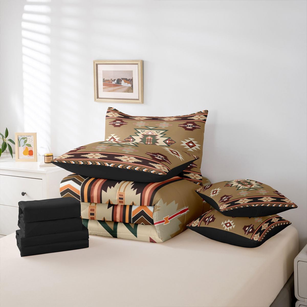 Erosebridal Western Twin Comforter Set with Sheets | Southwestern Decor Geometric 7-Piece Bedding Set Farmhouse Aztec Bed in a Bag, Stripes Diamond Triangle Bed Sets,Brown