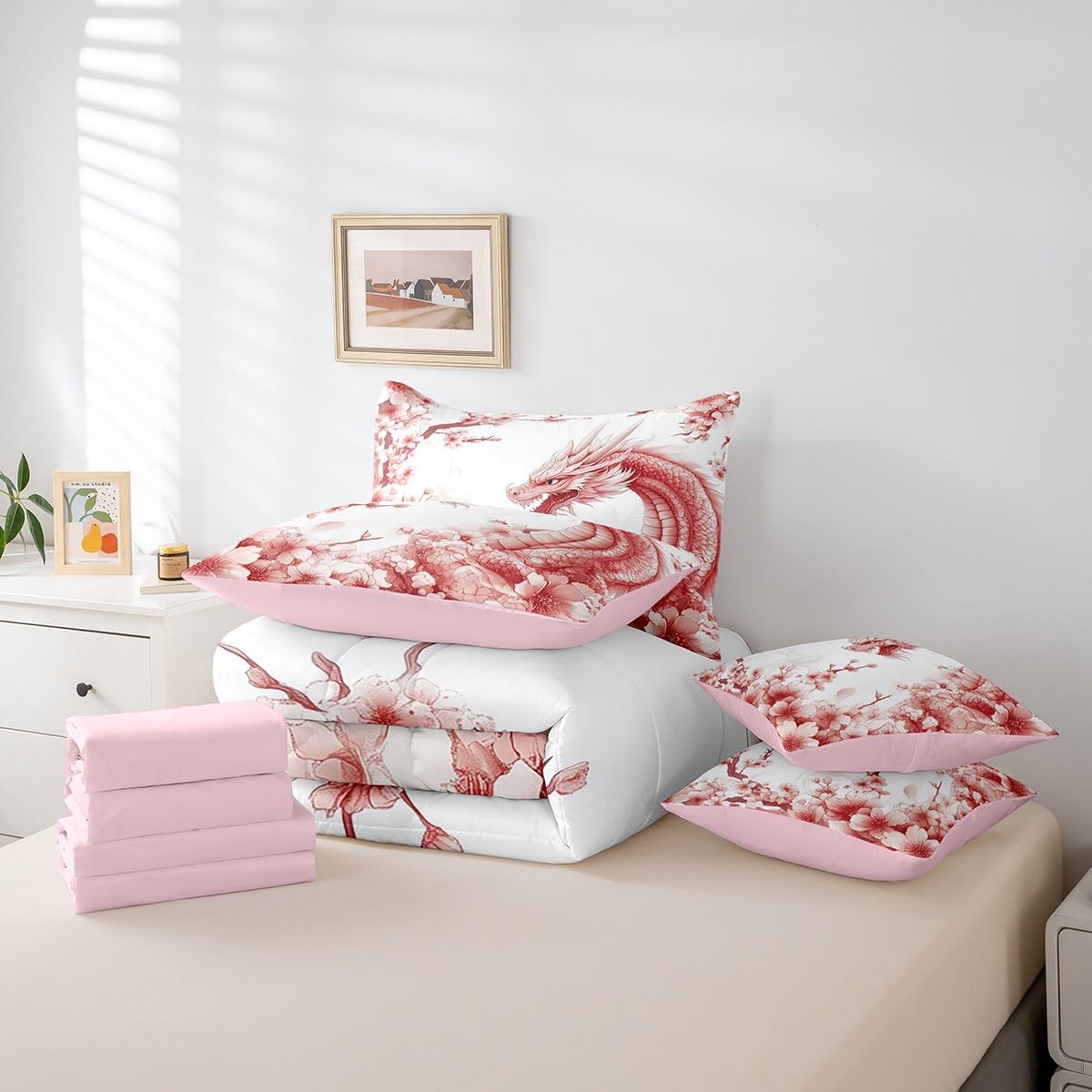 Erosebridal Fantasy Dragon Twin Comforter Set 7 Piece Magical Dragon Bed in A Bag Mysterious Wildlife Animal Bedding Set for Kids Boys Girls,Romantic Cherry Blossom Sheet Set with Comforter