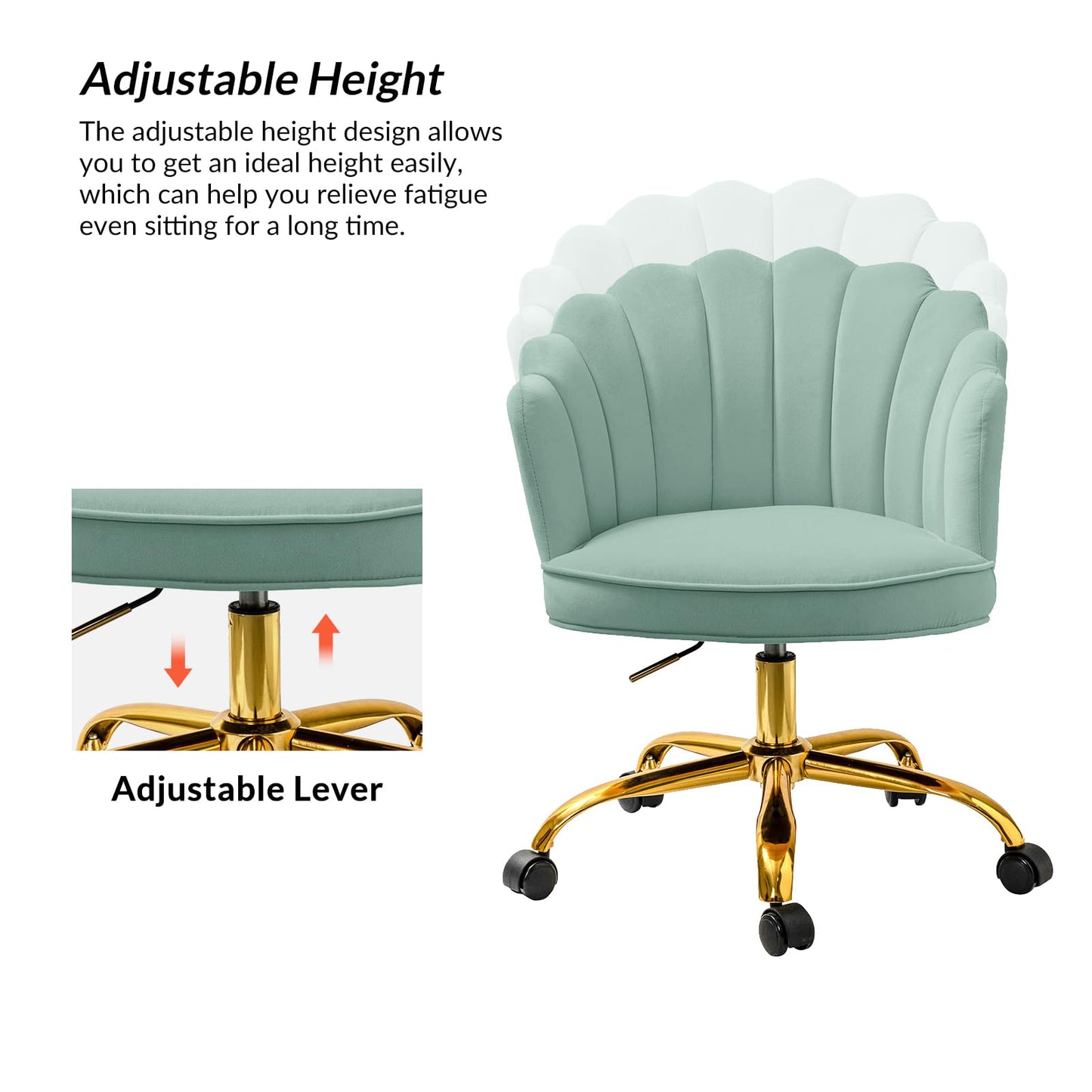 HULALA HOME Velvet Home Office Chair with Gold Base, Womans Modern Cute Shell Back Upholstered Desk Chair for Vanity, Adjustable Swivel Task Chair for Living Room, Sage