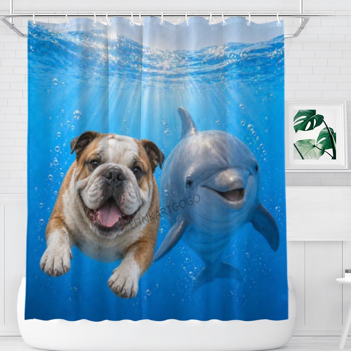LFINKARTGOGO Ocean Bulldog Shower Curtain 72x72 with 12 Hooks Underwater Animal Dolphin Waterproof Washable Polyester Bath Curtain for Home Hotel Decor