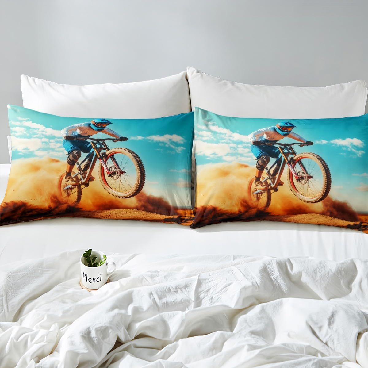 Feelyou Boys Bicycle Rider Bedding Set for Kids Son Men Mountain Bike Pattern Comforter Cover Extreme Sport Theme Duvet Cover Room Decor Cool Style Bedspread Cover Queen Size Bedding Collection 3Pcs