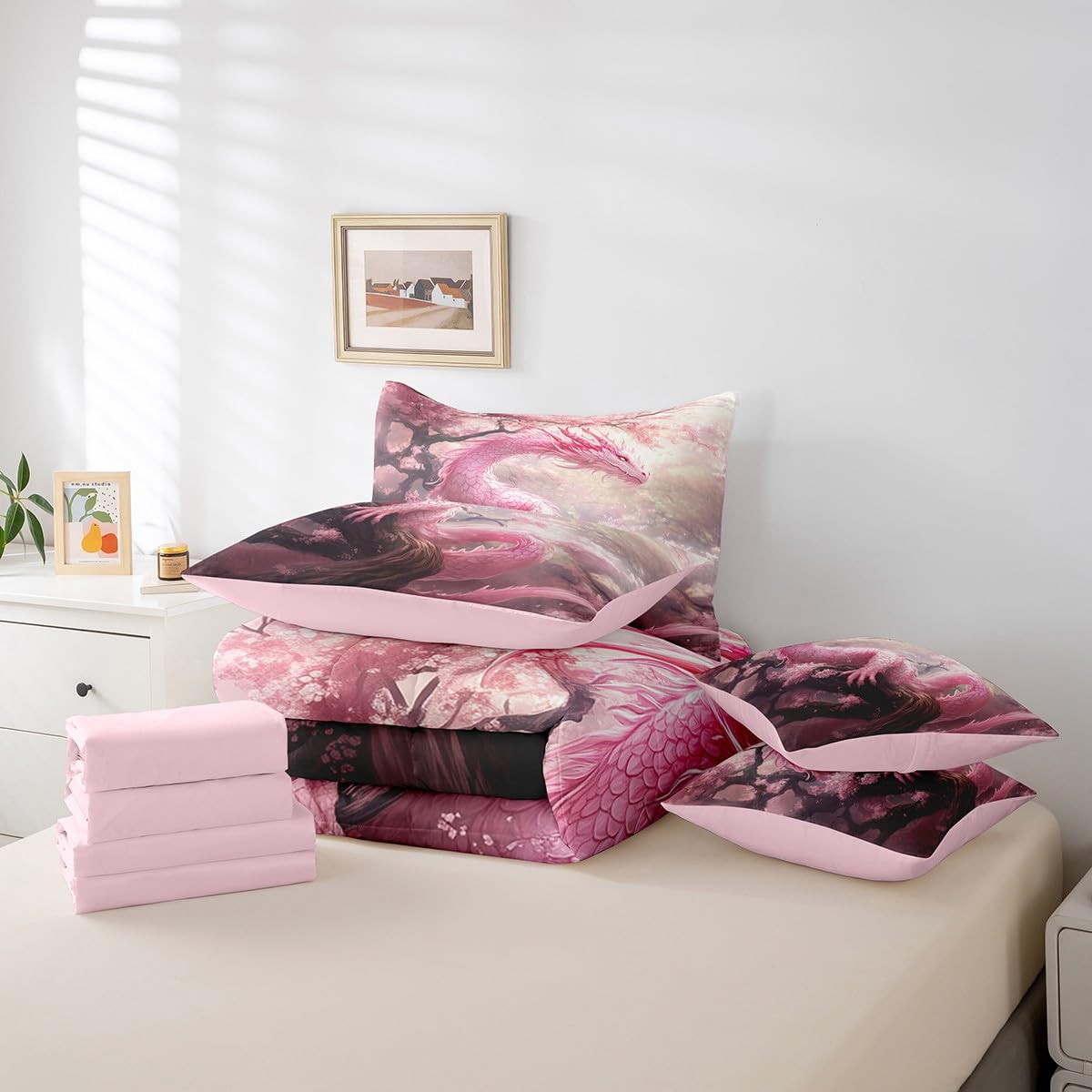 7 Pieces Pink Cherry Flower Comforter Set Queen,Dragon Blossom Bed Set for Kids Boys Girls,Wild Animal Plant Bedding(1 Comforter,1 Fitted Sheet,1 Flat Sheet,2 Pillowcases,2 Throw Pillow Cover)