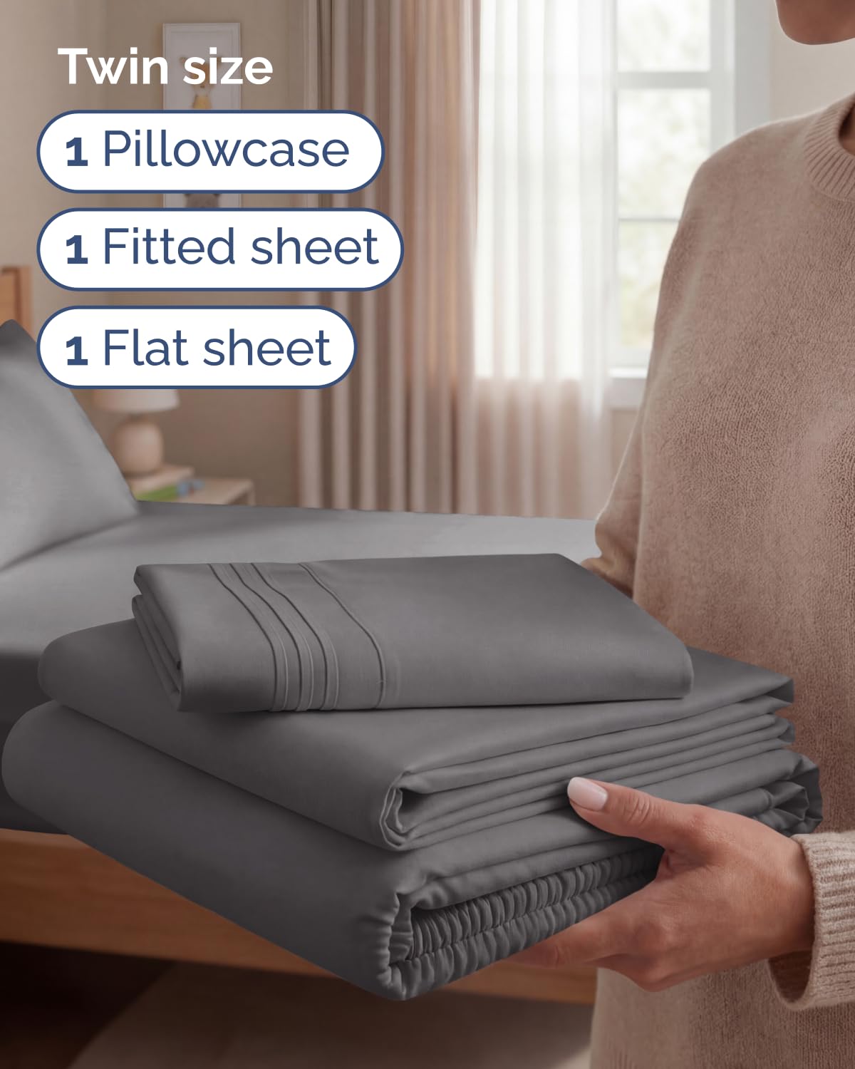 Twin Size 3 Piece Sheet Set - Comfy Breathable & Cooling Sheets - Hotel Luxury Bed Sheets for Women & Men - Deep Pockets, Easy-Fit, Extra Soft & Wrinkle Free Sheets - Dark Grey Oeko-Tex Bed Sheet Set