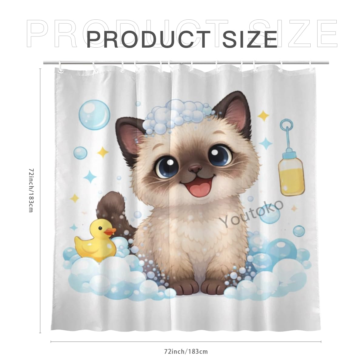 Youtoko Funny Siamese Cat Bathroom Decor Shower Curtain 72x72 Inch with 12 Hooks Cute Farm Animal Bubble Bath Rubber Duck Waterproof Washable Polyester