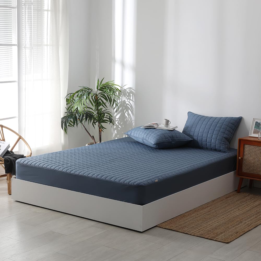 Seragio Quilted 100% Cotton Mattress Cover – 6 Colors, Machine Washable, Breathable & Stretchy, Fits up to 16-Inch Deep, Twin/Full/Queen/King (Navy, Twin)