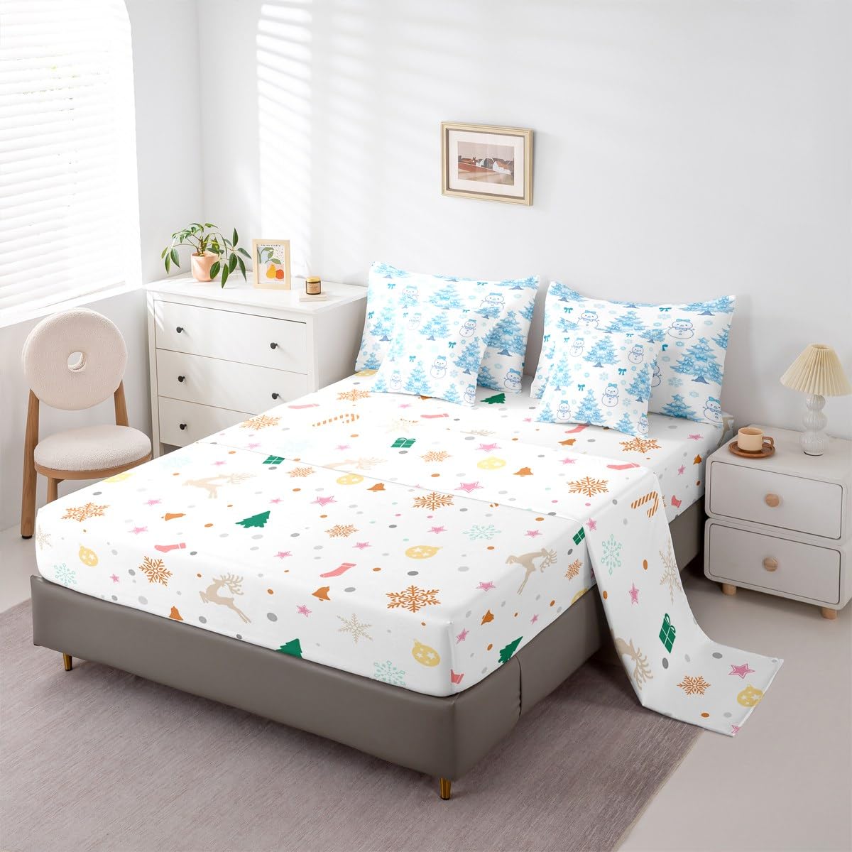 Feelyou Merry Christmas Twin Comforter Set with Sheets for Kids Boys Girls Cute Snowman 7 Pieces Bedding Set Cartoon Bowknot Bed in a Bag Christmas Tree Room Decor Soft
