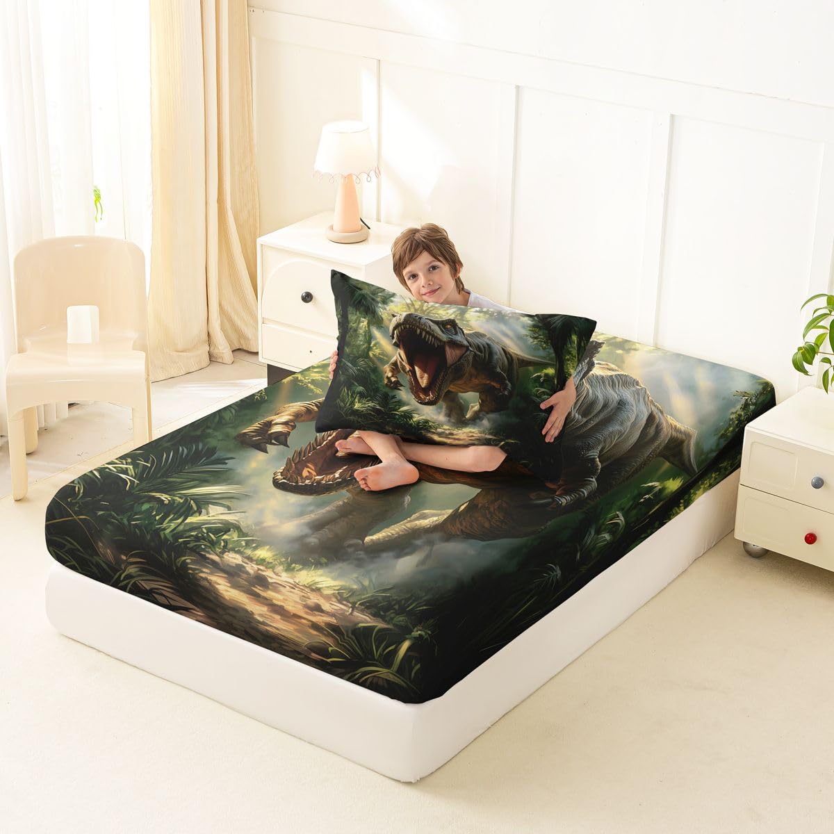 Feelyou Dinosaur Bed Sheets Set Twin Size 3D Digital Print Deep Pocket Fitted Sheet Jungle Dino Bedding Sets Wild Animal Soft Bed Set 3Pcs with 1 Pillow Cases Green Red