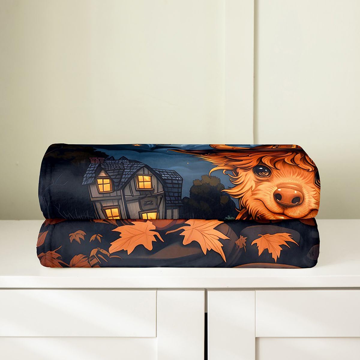 Feelyou Highland Cow Fleece Throw Blanket Halloween Themed Flannel Blanket Plush Fuzzy Spooky Pumpkin for Bed Couch Chair Living Room Trick or Treat Throw 50"x60" Cute Bedroom Decor