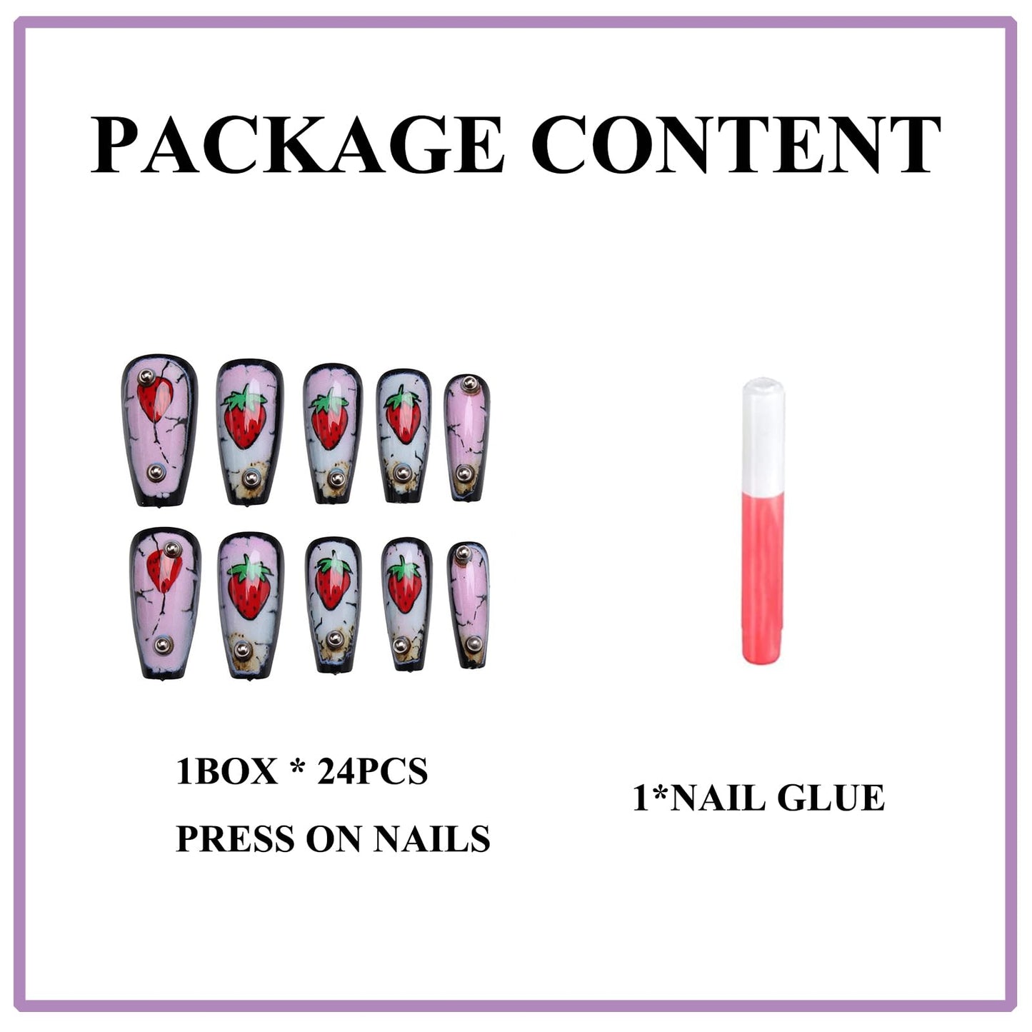 MERVF Long Press on Nails Coffin - Strawberry Fake Acrylic Glue ons, Pink Aura Design 24pcs Glossy Finish