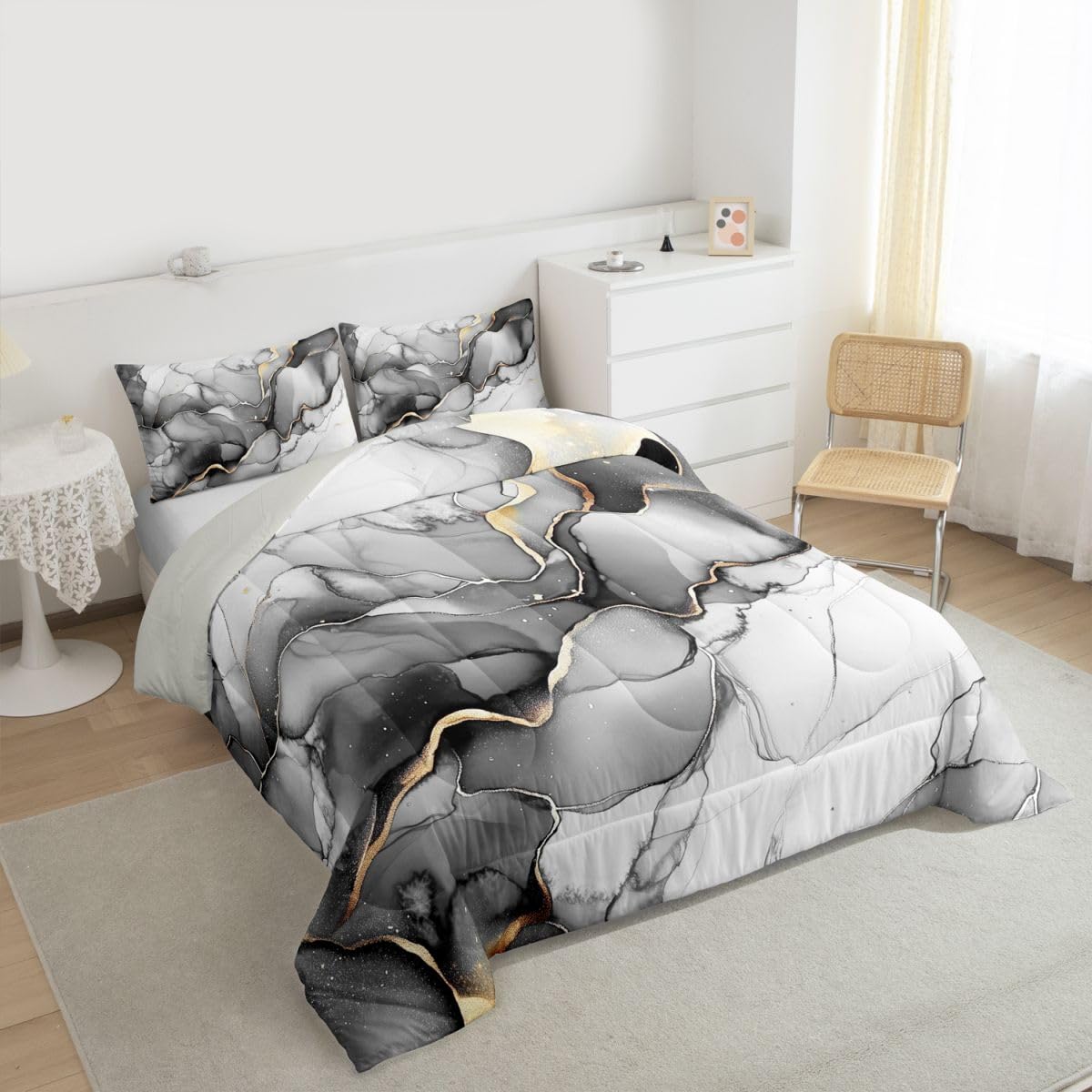 Erosebridal Grey Marbling Bedding Set King Marble Pattern Comforter Set for Kids Boys Girls Gold Ink Fluid Art Down Comforter,Ombre Marble Textured Quilt Duvet