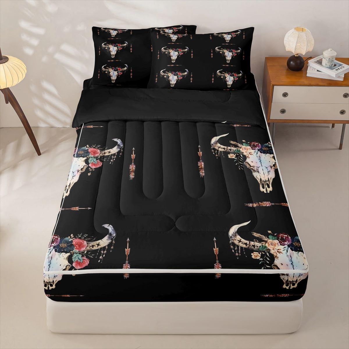 Erosebridal Bull Skull Zipper Comforter Set Twin Boho Bedding Set Bull Head Aztec Bed in a Bag Rose Leaf Print Zippered Quilt Fitted Sheet,2 Pillowcases