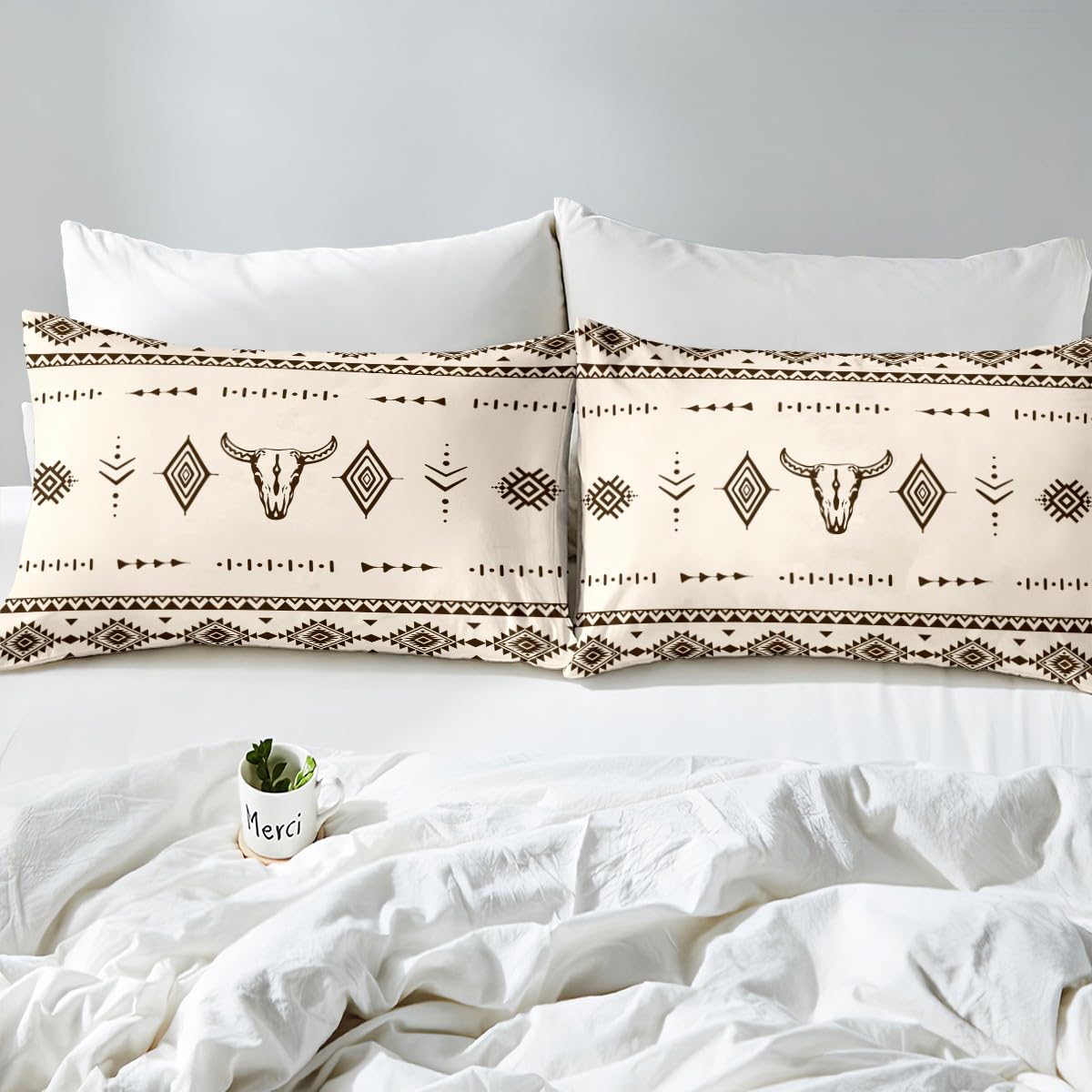 Erosebridal Bull Skull Twin Size Comforter Set, Western Cowboy Bedding Set for Boys Girls Men Room Decor, Southwestern Native Quilt, Boho Aztec Ethnic Horns Duvet Insert, 1 Pillow Case
