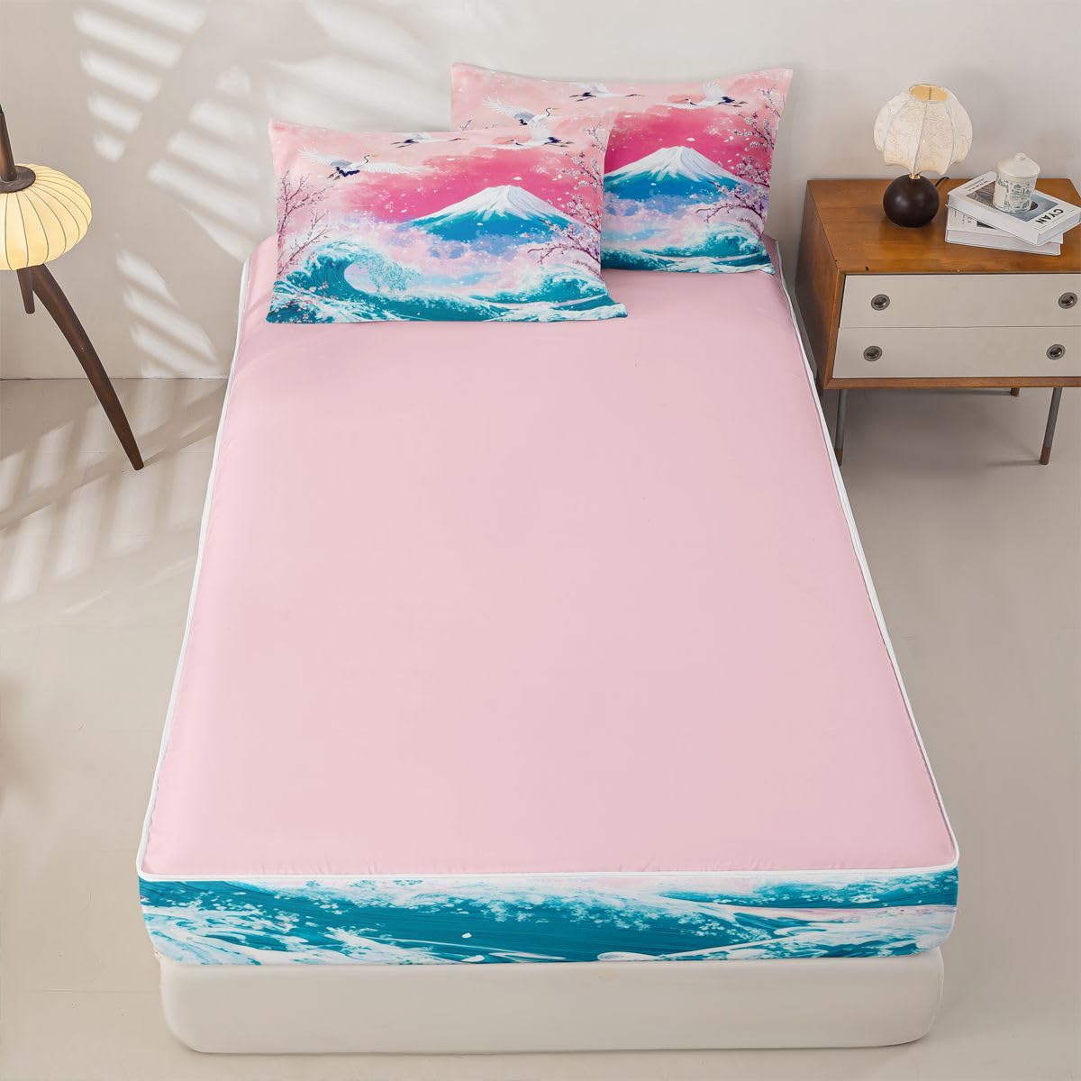Erosebridal Pink Ocean Waves Zipper Bedding Twin Size, Japanese Style Kids Comforter Set - Japanese Cherry Blossom Fuji Mountain Zip Up Comforter Bed in A Bag