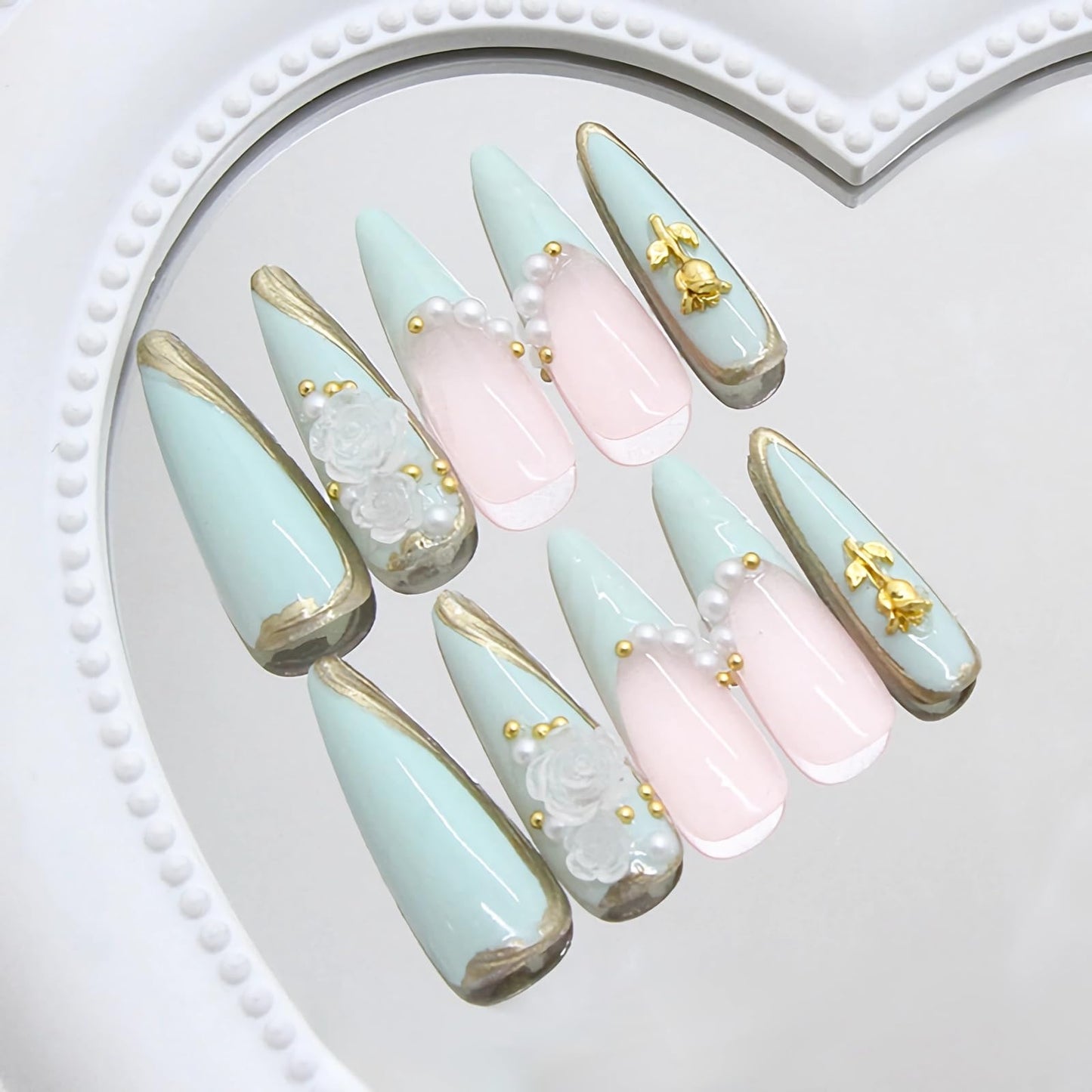 BABALAL Long Stiletto Nails Press on Green Fake Nails French Tip Glue on with Rose Charm Luxury Acrylic False Nails Flower with Design 24Pcs Almond Handmade Stick on for Women Girls