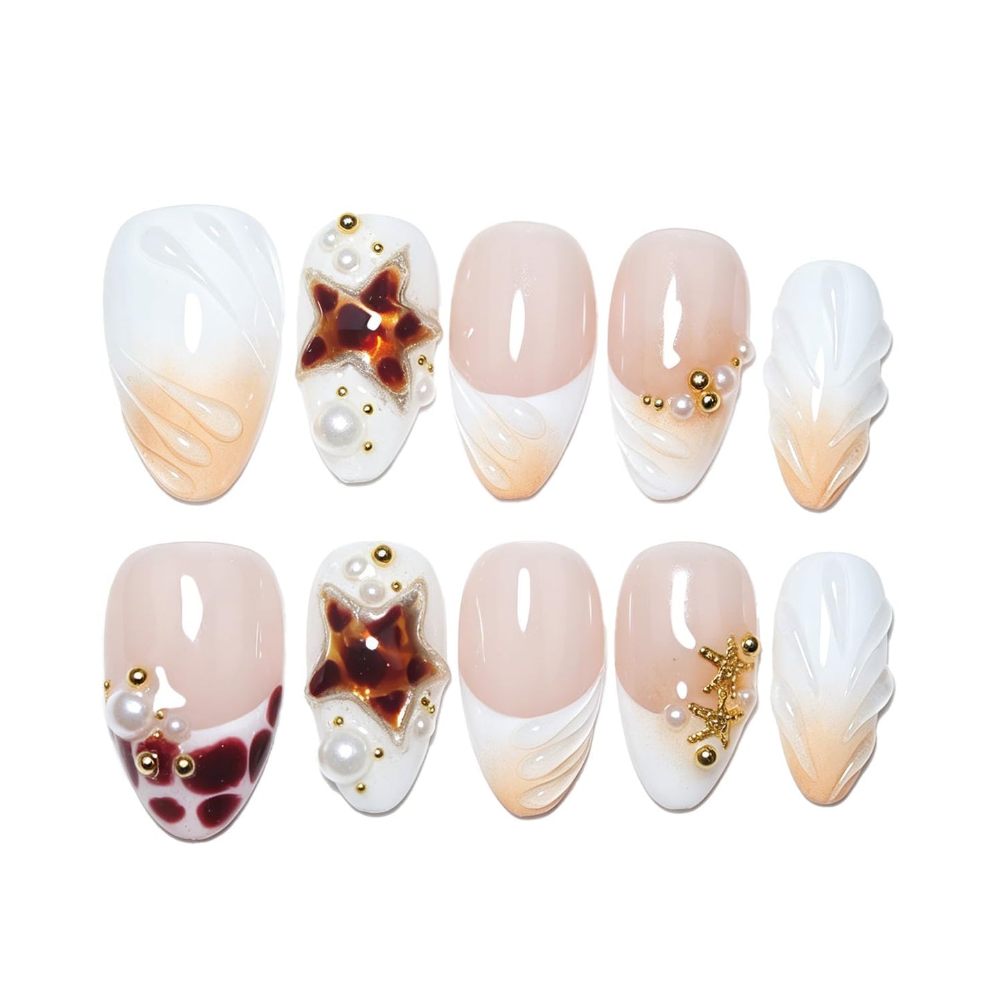 EasierGlow 10 Pcs Handmade Short Almond Press On Nails - Easy Apply & Remove, Reusable & Salon Quality | Nude Gradient Press Ons with 3D Star, Pearl & Swirl Sculpted Accents(UO05, S)