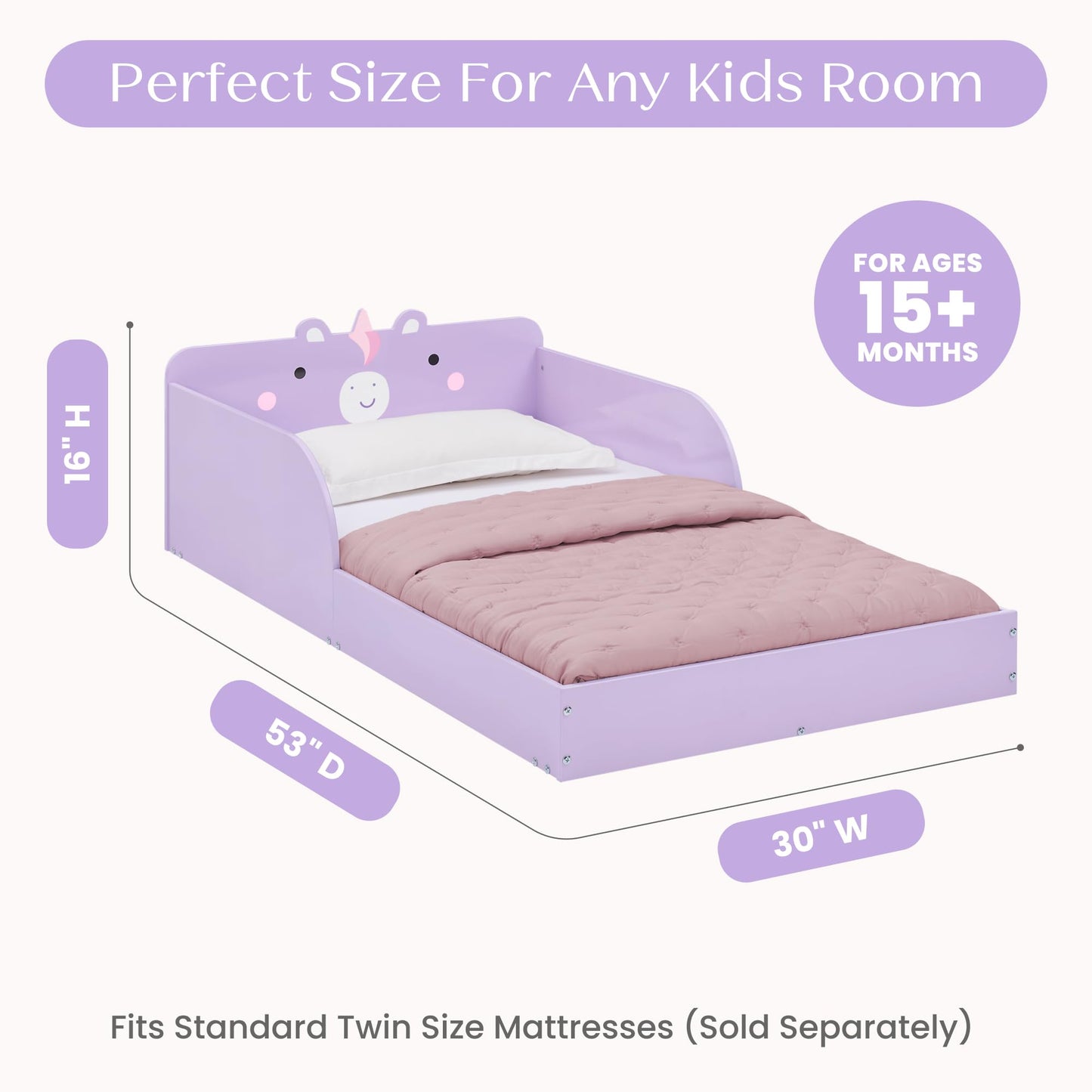 Delta Children Unicorn Wood Floor Toddler Bed with Reusable Stickers, Purple