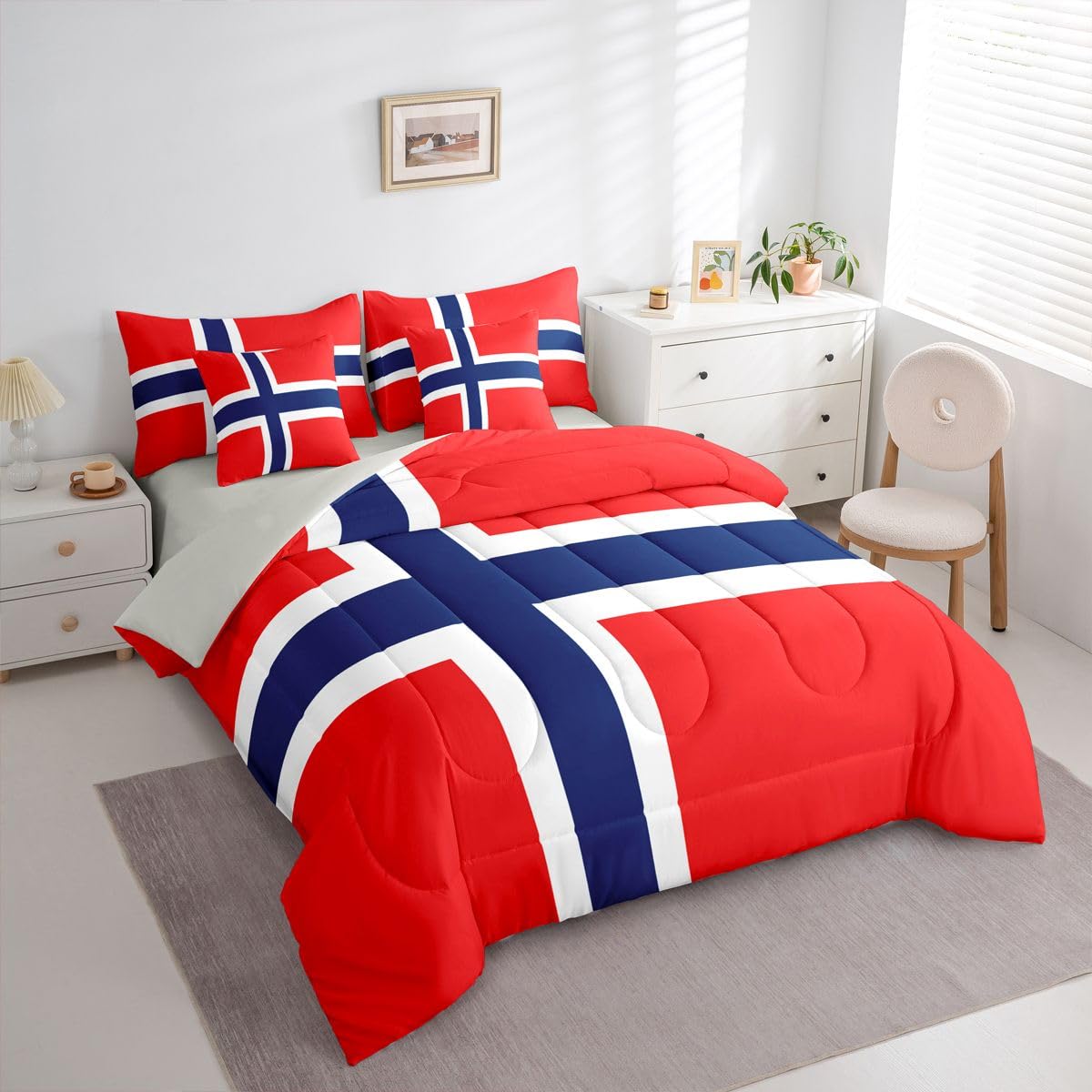 Feelyou Norwegian Flag Comforter Set with Sheets 7 Piece King Size Norway Bed in a Bag Kids Boys Girls International Flag Bedding Set Bedroom Decor Breathable Soft Lightweight Microfiber