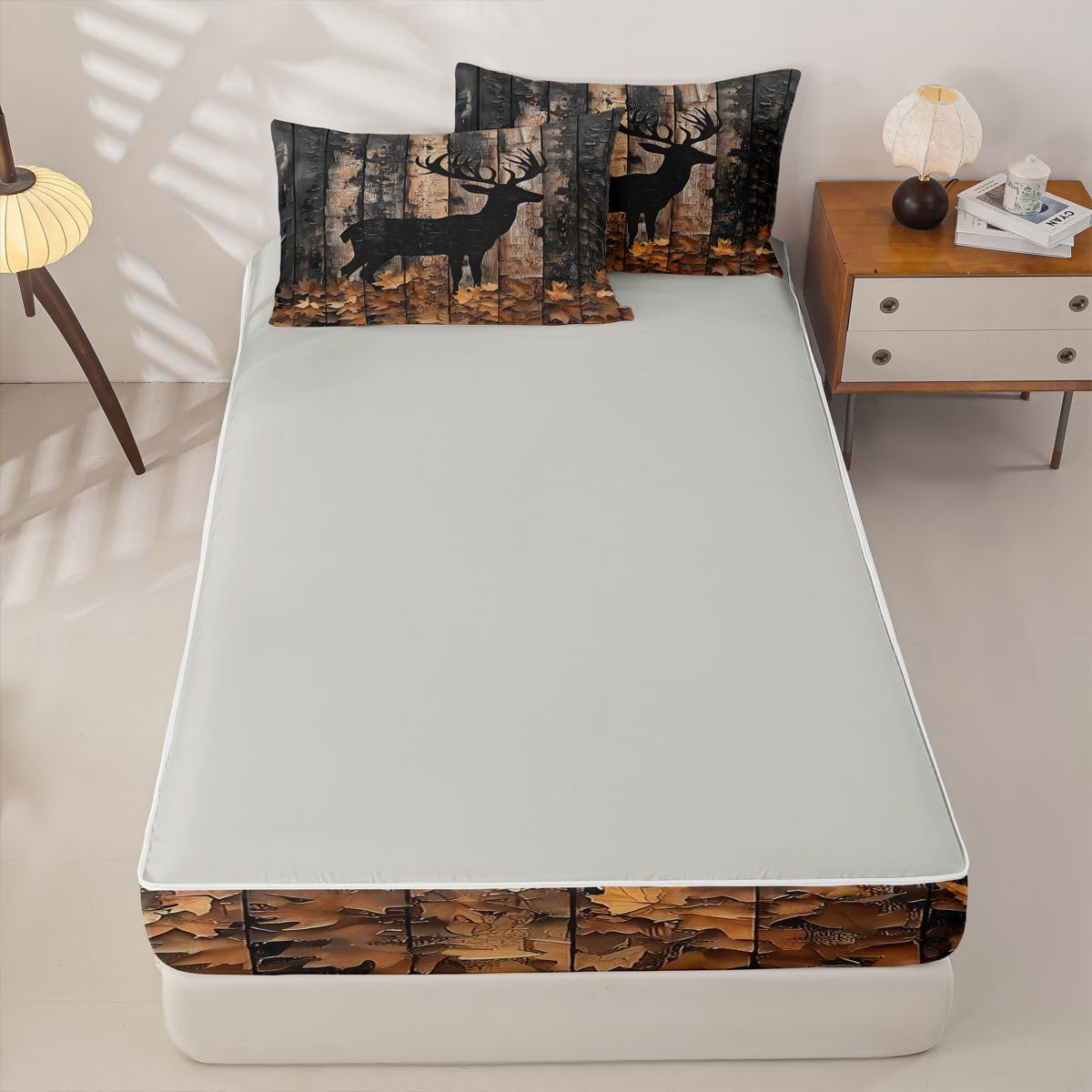 Feelyou Deer Hunting Comforter Set Full Tree Branches Zipper Bedding Set for Kids Boys Girls Farmhouse Woodland Animal Bed in a Bag Microfiber with 2 Pillow Cases