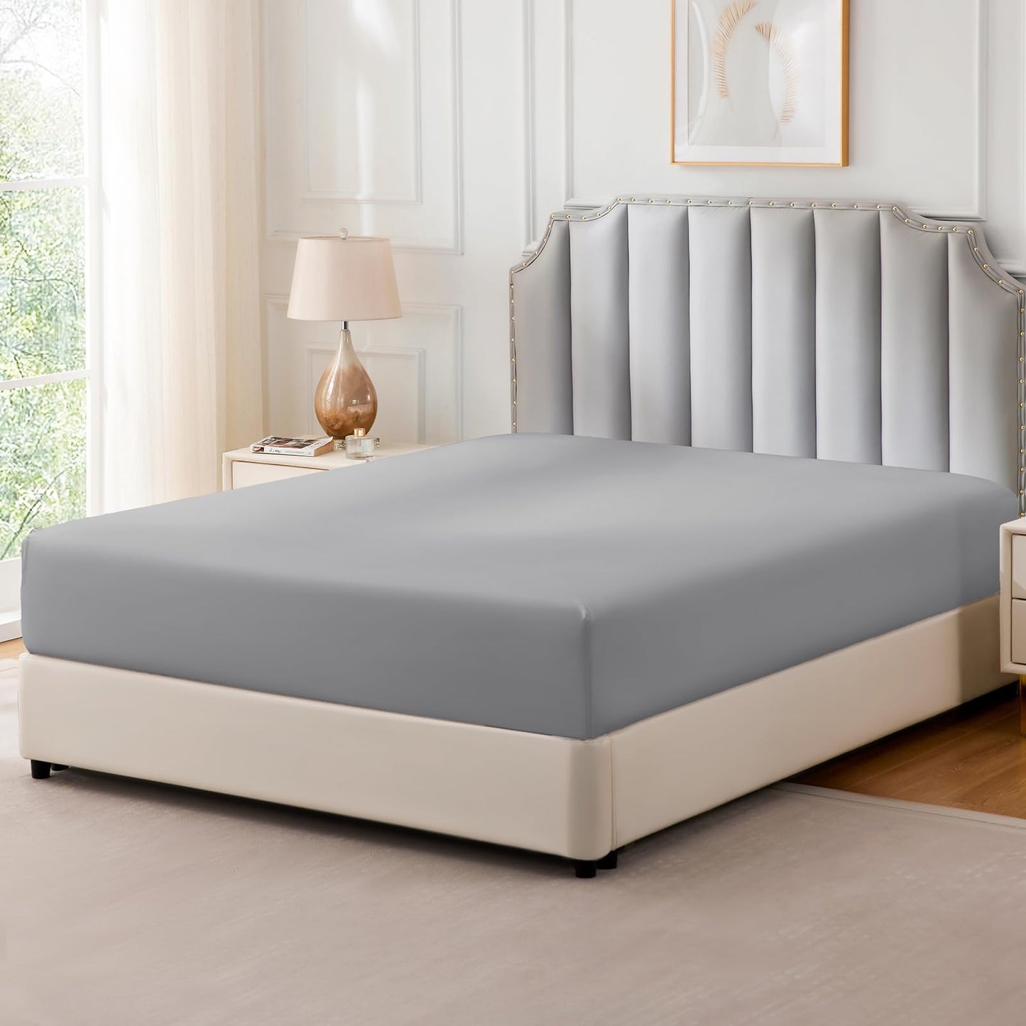 FreshCulture Pure Cotton Fitted Sheets Queen Size, 300 Thread Count Percale Sheets for Queen Size Bed, Soft & Breathable Cotton Sheets, Luxury Size Fitted Sheet Only (Light Grey)