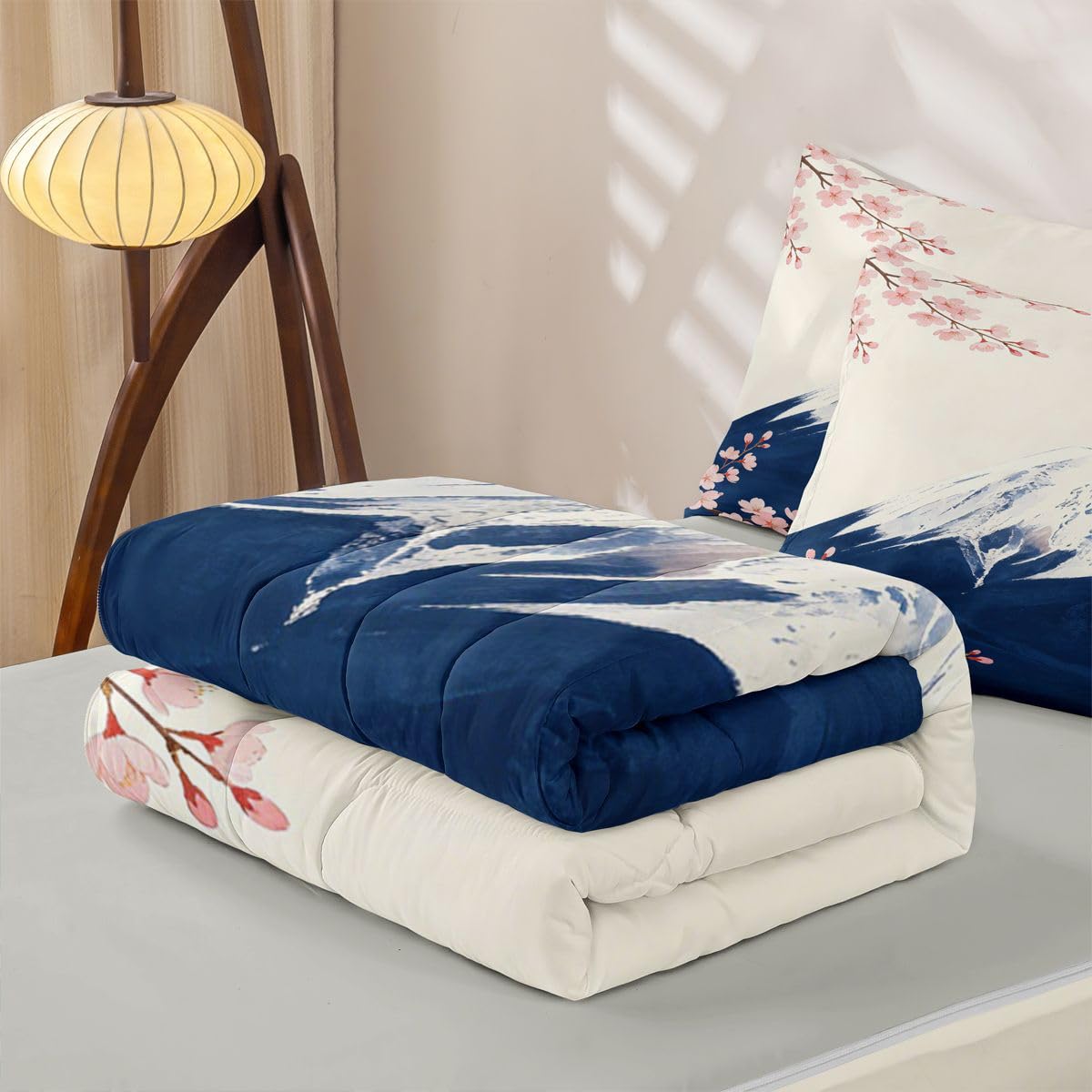 Feelyou Japanese Zipper Bedding Full Cherry Blossom Zipper Bedding Sets for Kids Boys Girls Mount Fuji Japan Comforter Set with Fitted Sheet and 2 Pillowcases Bedroom Decor