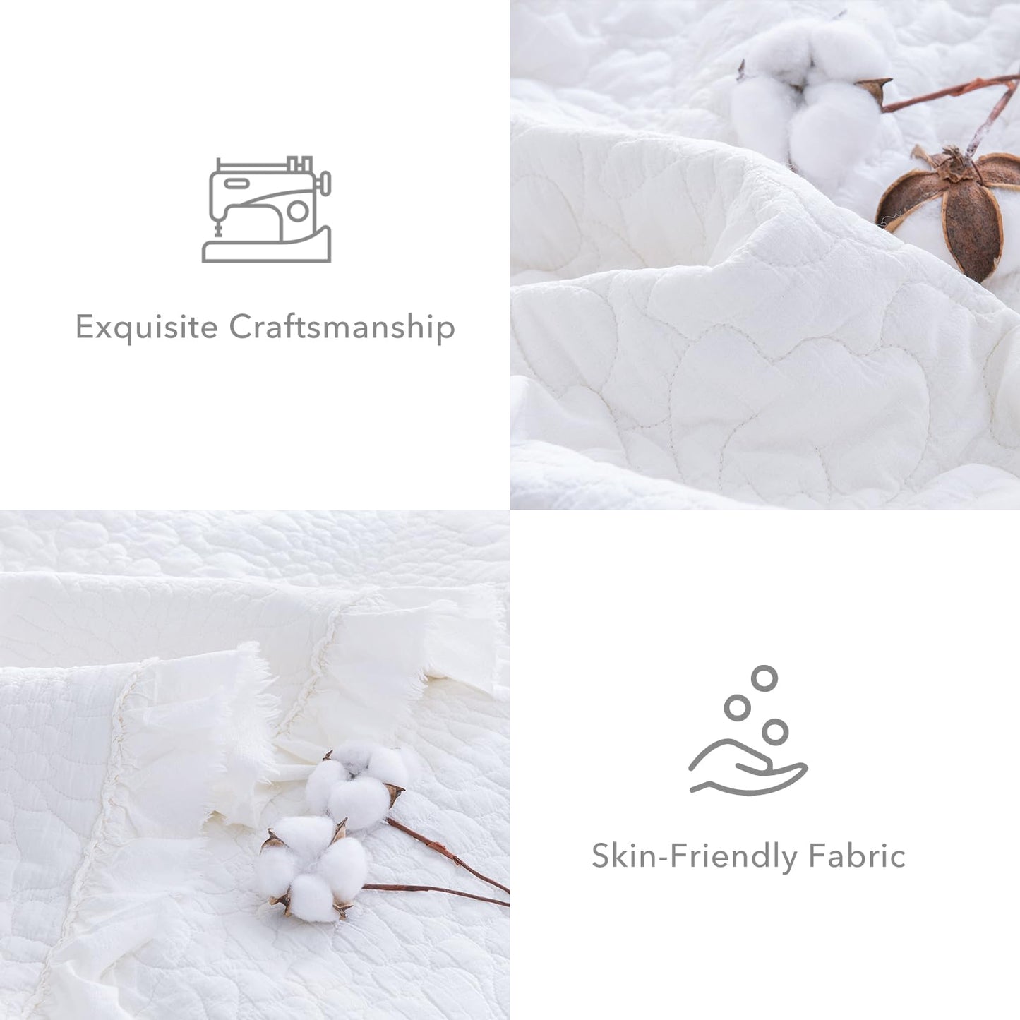 QSH Bright White Stonewashed Cotton Oversized King Quilt Bedspread Set(120"x120"),3PCs Shabby Ruffled Quilt California King,Ultra Soft Lightweight Crinkled Farmhouse Chic Bedspread Coverlet Bed Set
