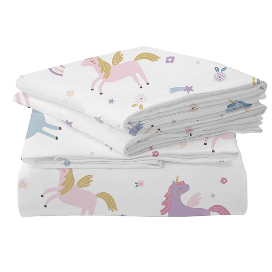 MUSOLEI Unicorn Fitted Sheet Set Full Unicorn Bedding Girls Rainbow Star Sheet Pink Flower Bedding Set Unicorns Girl Bed Sheets 1 Fitted Sheet with 2 Pillowcases Multi-Colour Full