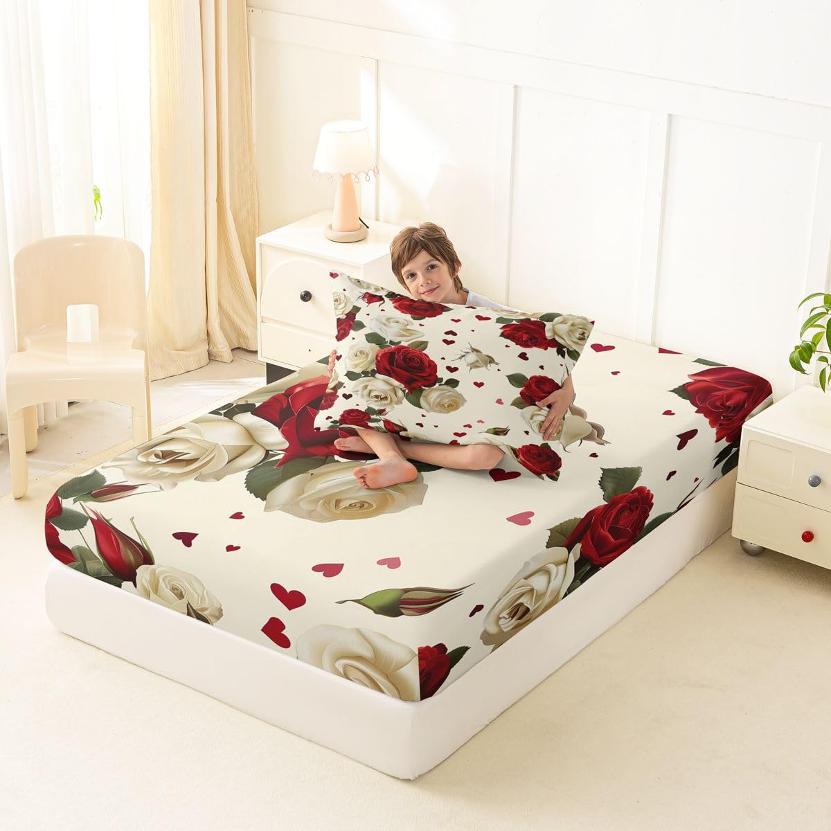 Erosebridal Red White Rose Bed Sheets Set Twin Farmhouse Floral Leaf Sheet Set Vintage Luxury Roses Sheets Romantic Flowers Flat Fitted Sheet