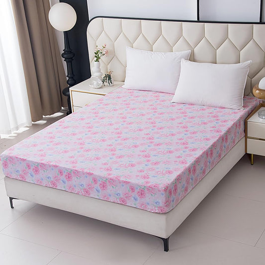 NATURETY Bedding Fitted Sheet with Deep Pocket,Pink Floral Printed Fabric Bed Sheets(Pink Flower,Twin)