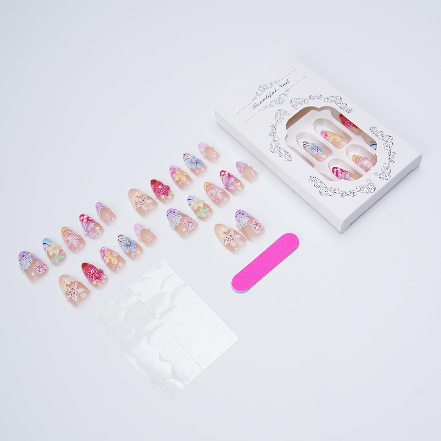 3D Flower Press On Nails - Medium Almond Fake Nails with Colorful Embossed Floral & Rhinestone Design, Glossy Acrylic Glue On Nails for Women, Reusable Full Cover False Nails with Glue Tabs - 30Pcs