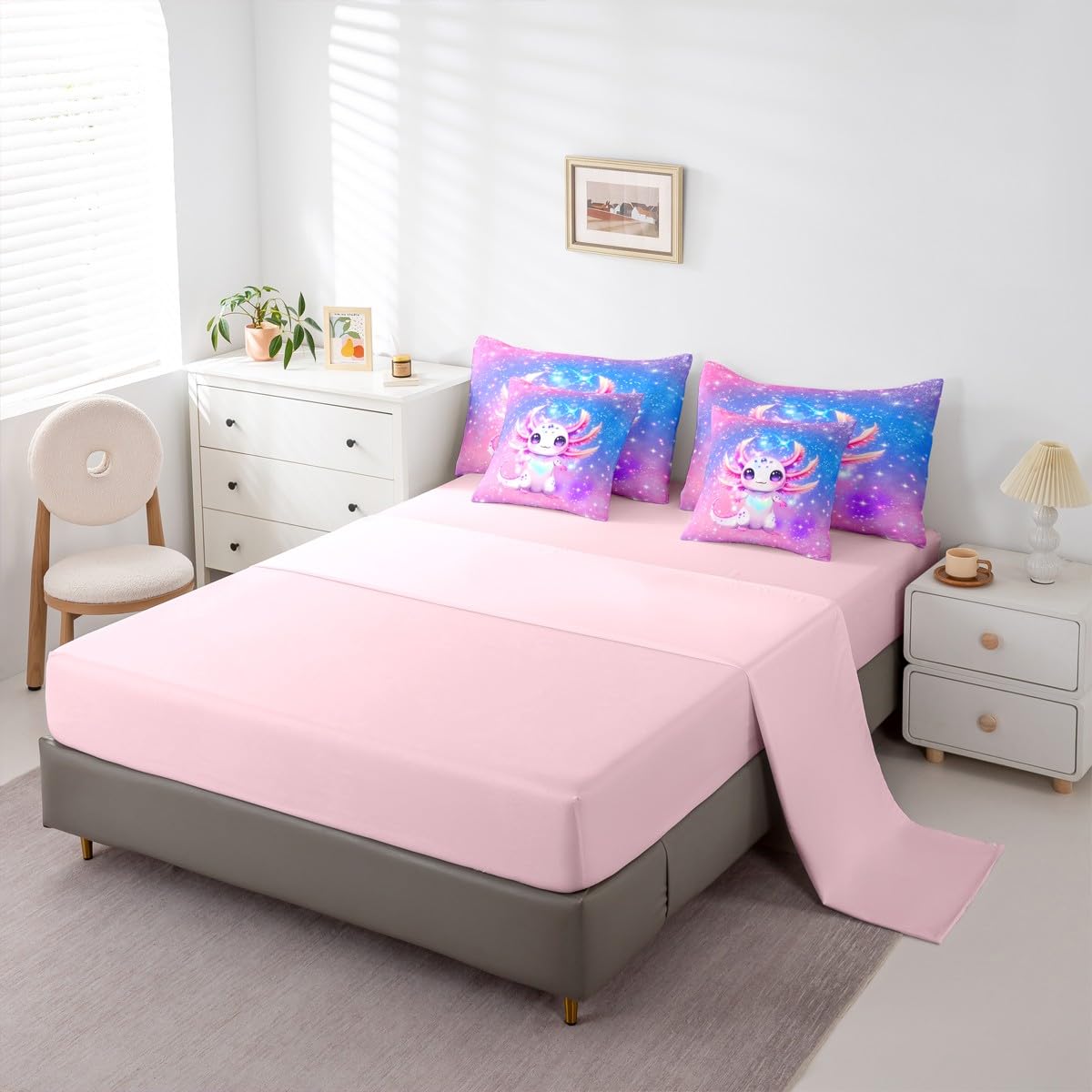 Erosebridal Kids Rainbow Axolotl Queen Comforter Set Teen Girl Cute Axolotl Bed in a Bag with Flat and Fitted Sheet Kawaii Coastal Ocean Animal 7-Piece Bedding Set Colorful Salamander Quilt Duvet Sets