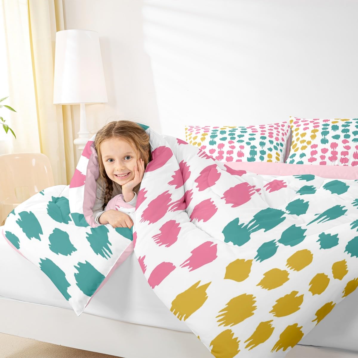 Erosebridal Abstract Spots Kids Comforter Sets Polka Dots Queen Bedding Set for Boys Girls Boho Brush Stroke Comforter Set,Geometric Circle Quilt Duvet 3 Pcs