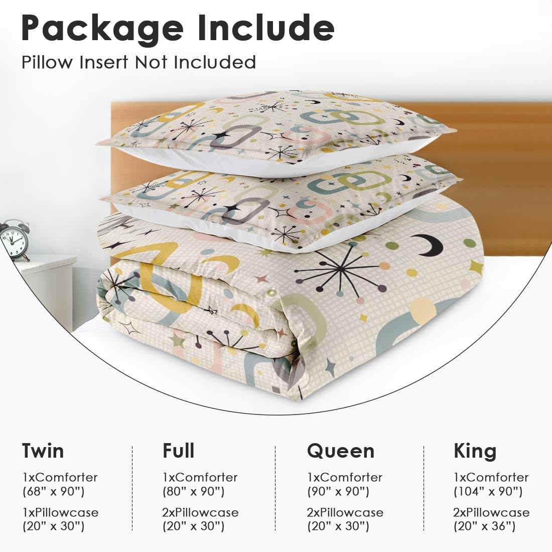 Nesphy Retro Mid Century King Comforter Set, Atomic Starburst Modern Bedding Set 3 Piece, All Season Soft Children Adults Bedroom Bed Decoration Comforter and 2 Pillow Shams