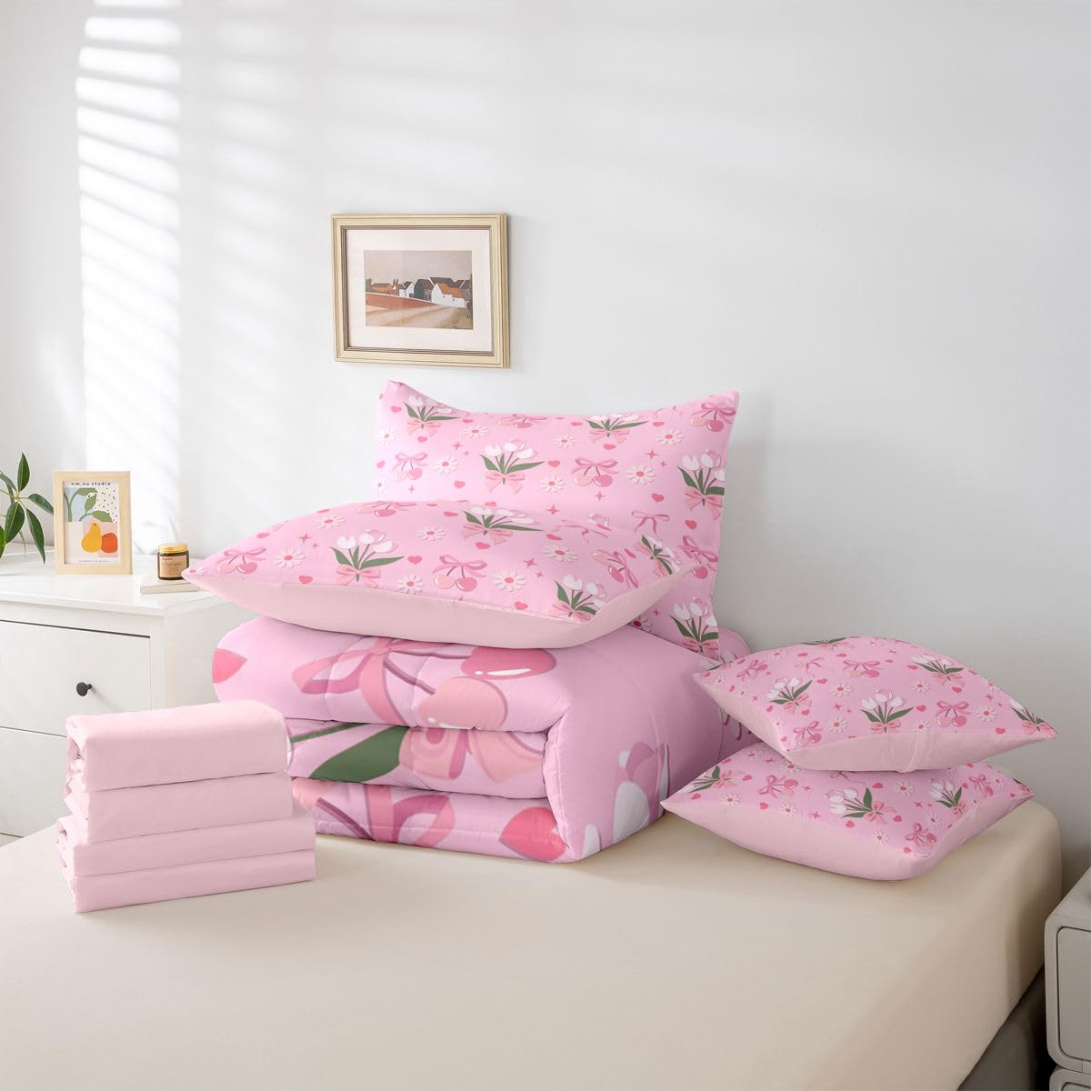 Erosebridal Daisy Floral Bow Girly Pink Full Comforter Set 7 Pieces | Bowknot Ribbon Bed in A Bag for Bedroom Flowers Love Hearts Bedding Set with Comforters Flowers Love Hearts Room Decor