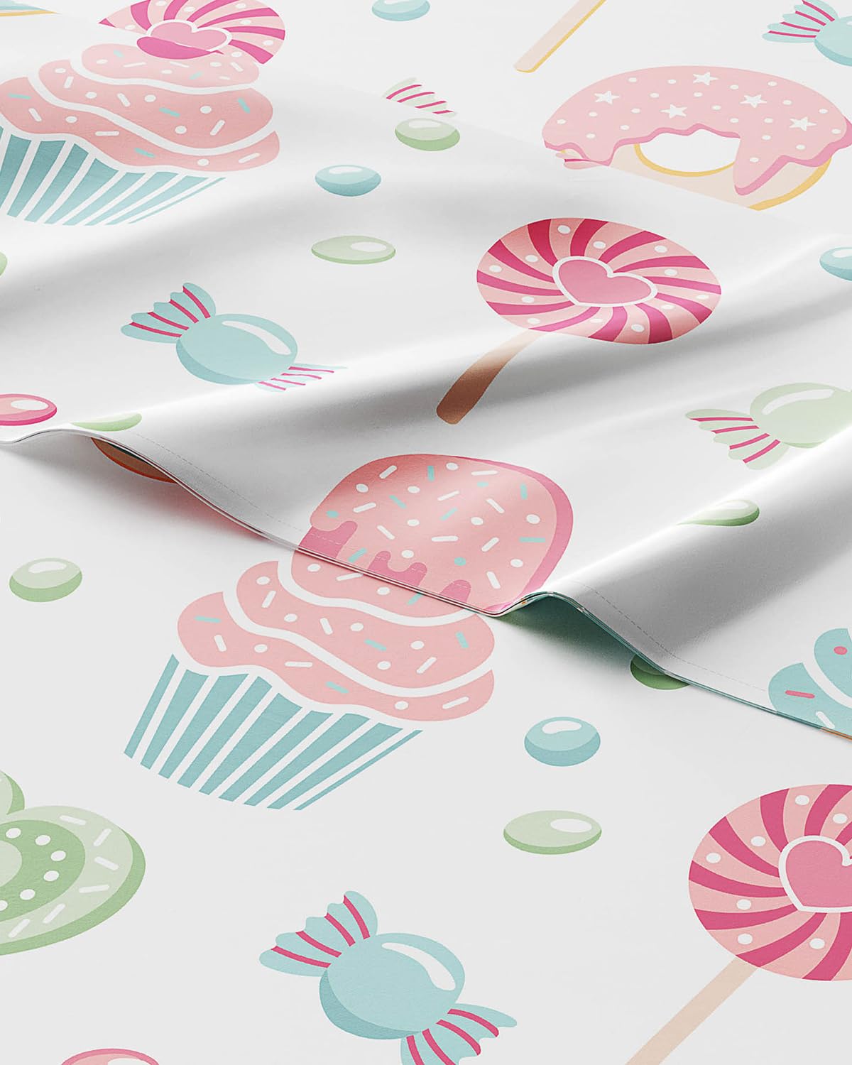 Kids Twin Size Bed Sheet Set - 3 Piece Kids Loft Bed Sheets - Sweets Cupcake Pattern Bedding - Soft, Cute and Cozy - Breathable & Machine Washable - Lollipop Bed Set for Boys, Girls, Teens & Toddlers