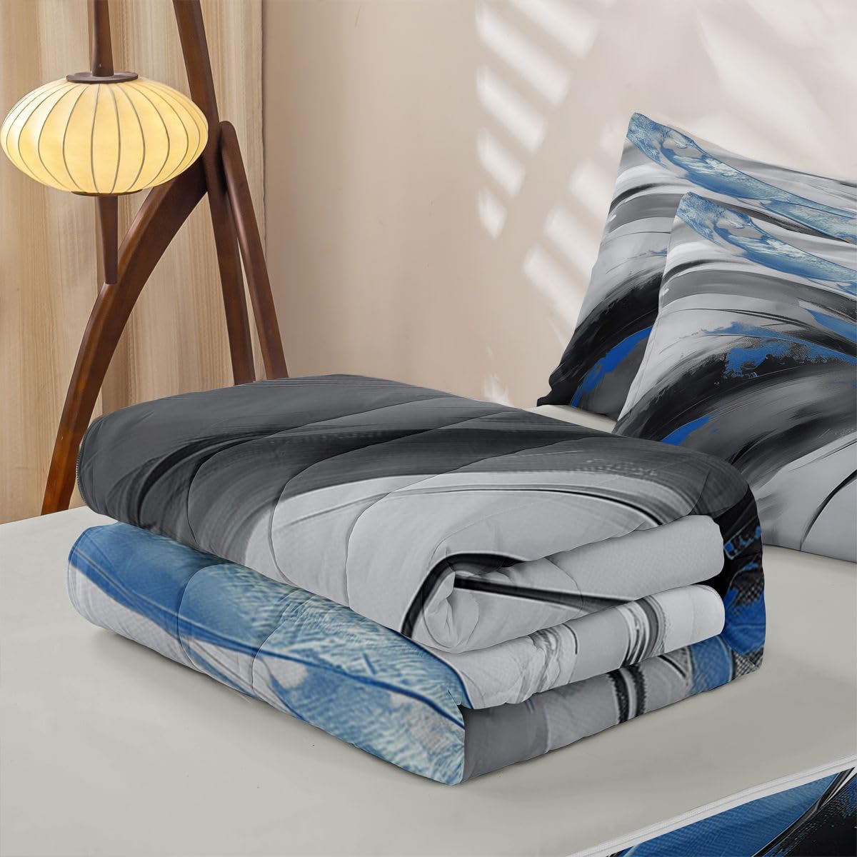 jejeloiu Blue Black Grey Abstract Zipper Bedding Twin Modern Art Bedding Sets for Kids Boys Girls Abstract Art Comforter Set with Fitted Sheet 2 Pillowcases Luxury One Zipper Bed Set for All Seasons