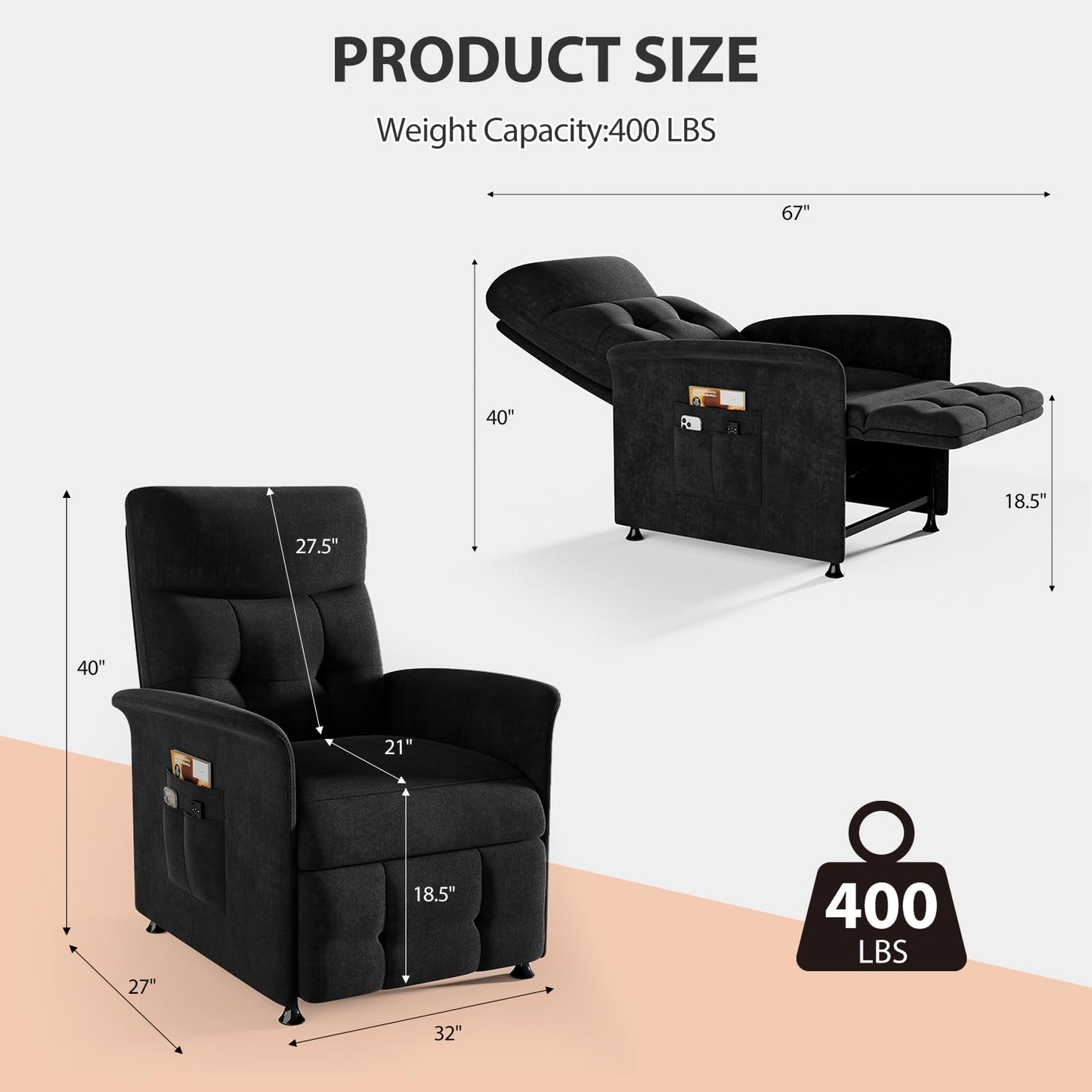 LegacyAmerhome Power Recliner Chair for Adults with Heat & Massage - Soft Fabric Electric Reclining Sofa with Remote Control, 3 Side Pockets, 180° Lay Sleeper for Home Theater Living Room, Black