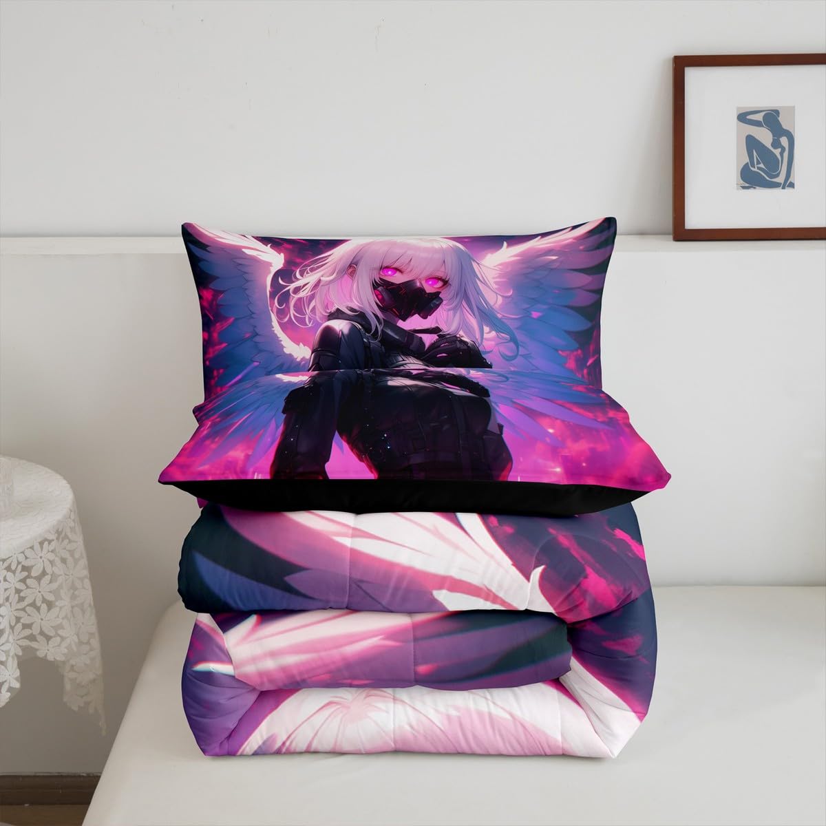 Erosebridal Twin Japanese Anime Comforter Set Anime Girl Bedding Set for Kids Girls Teens Men Bedroom, Cartoon Girl Quilt Kawaii Japanese Animation Duvet Insert 2 Piece with 1 Pillow Case