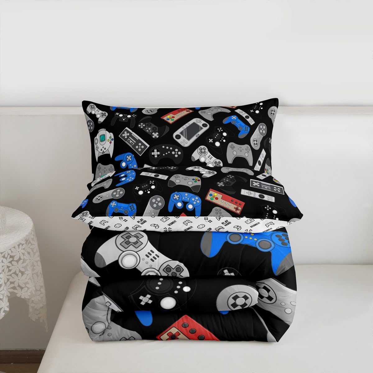 Erosebridal Teens Gamepad Bedding Set, Modern Gamer Down Comforter Full Size for Kids Boys Children Youth, Video Game Comforter Set Player Gaming Joystick Duvet Insert for Bedroom, Black Blue
