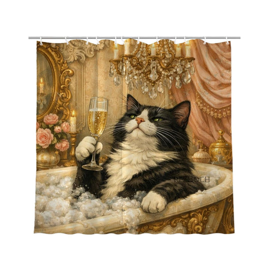 REZHOCH Luxury Noble Tuxedo Cat Bathtub Shower Curtain 72x72 Inch,Funny Elegant Animal Champagne Home Bathroom Decor,Waterproof Fabric Hotel Modern Vintage Bath Set with Hooks