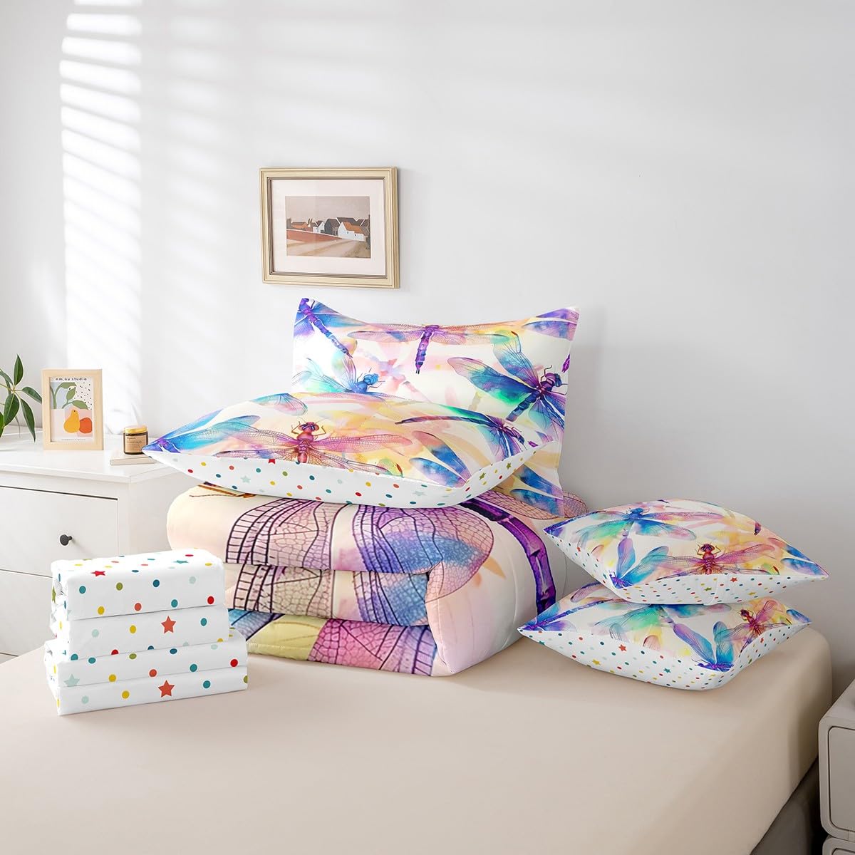 Erosebridal Rainbow Dragonfly Bedding Set 7Pcs,Gradient Ombre Dragonflies Comforter Set Queen,Fantasy Flying Wildlife Safari Animal Bed in a Bag